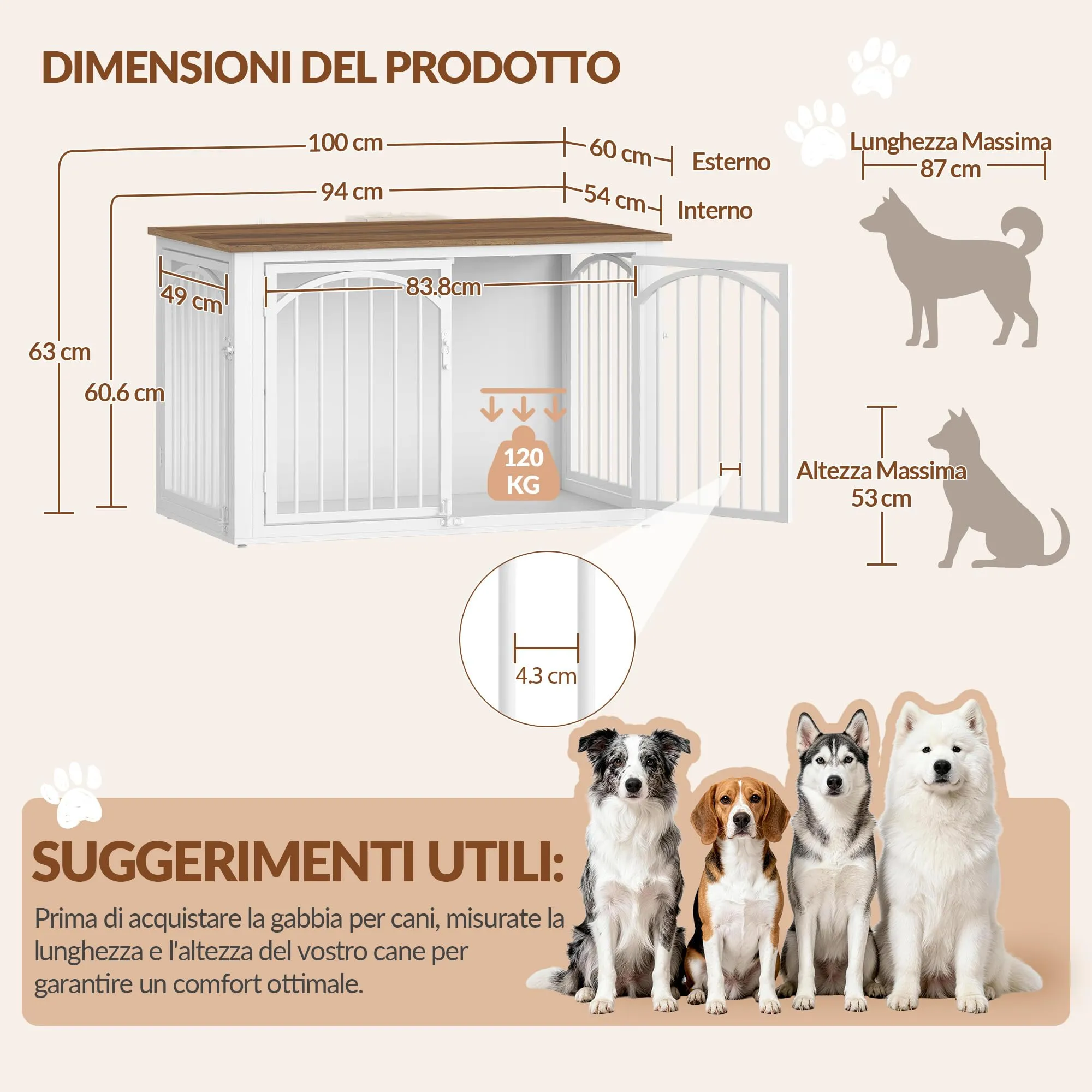 Fobyfurny Gabbia per Cani, 100 x 60 x 63 cm, Marrone e Bianco - immagine 5