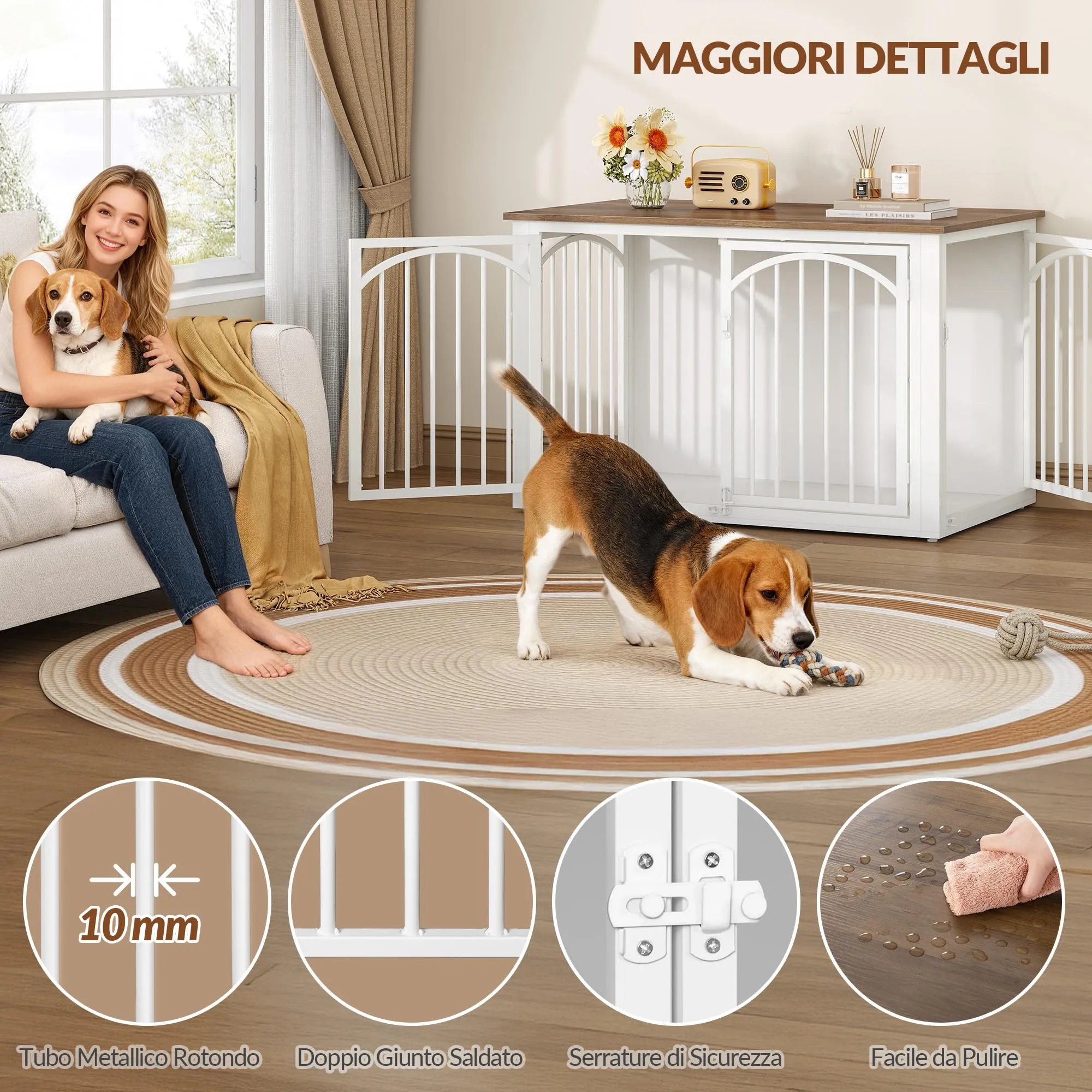 Fobyfurny Gabbia per Cani, 100 x 60 x 63 cm, Marrone e Bianco - immagine 6