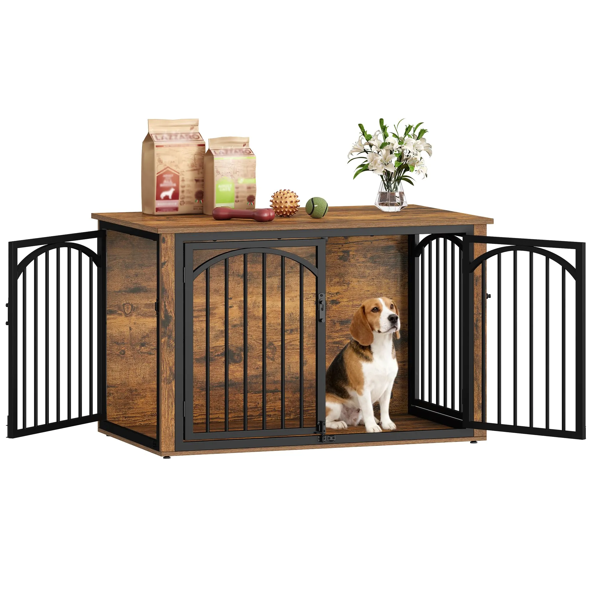 Fobyfurny Gabbia per Cani, 100 x 60 x 63 cm, Marrone Rustico e Nero - immagine 1