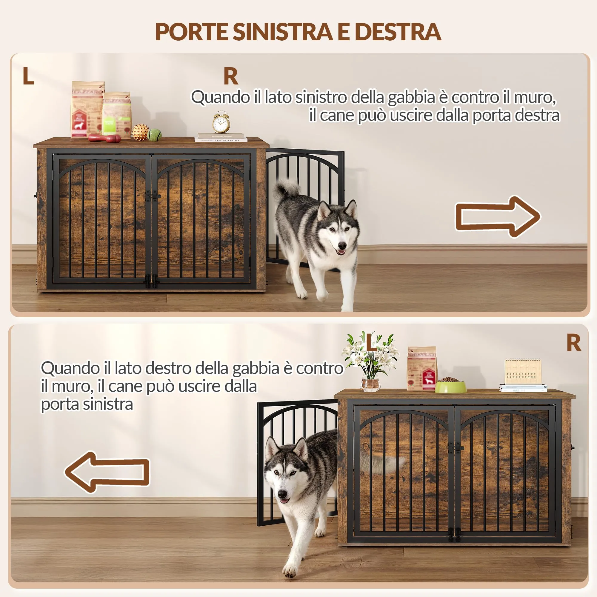 Fobyfurny Gabbia per Cani, 100 x 60 x 63 cm, Marrone Rustico e Nero - immagine 3