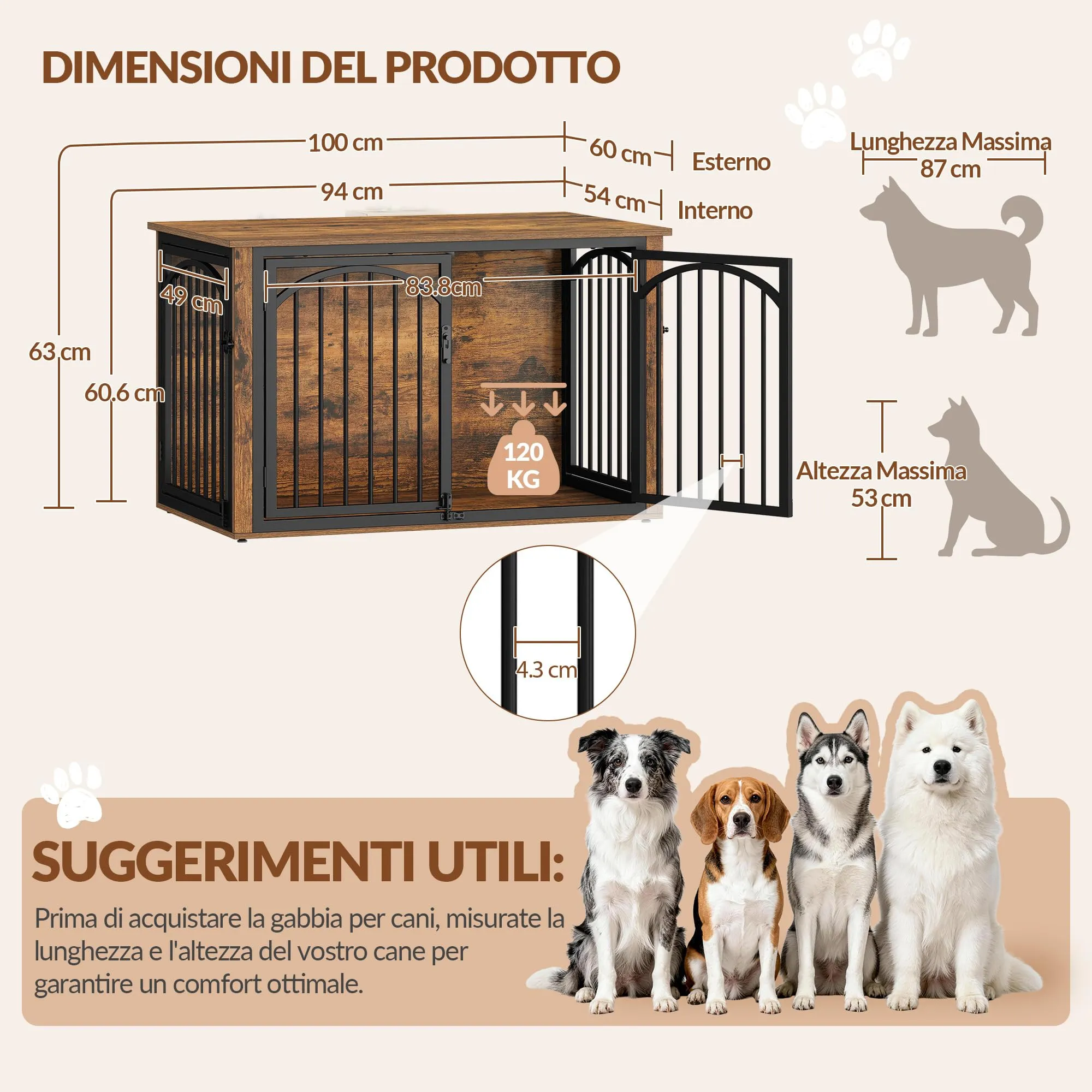 Fobyfurny Gabbia per Cani, 100 x 60 x 63 cm, Marrone Rustico e Nero - immagine 5