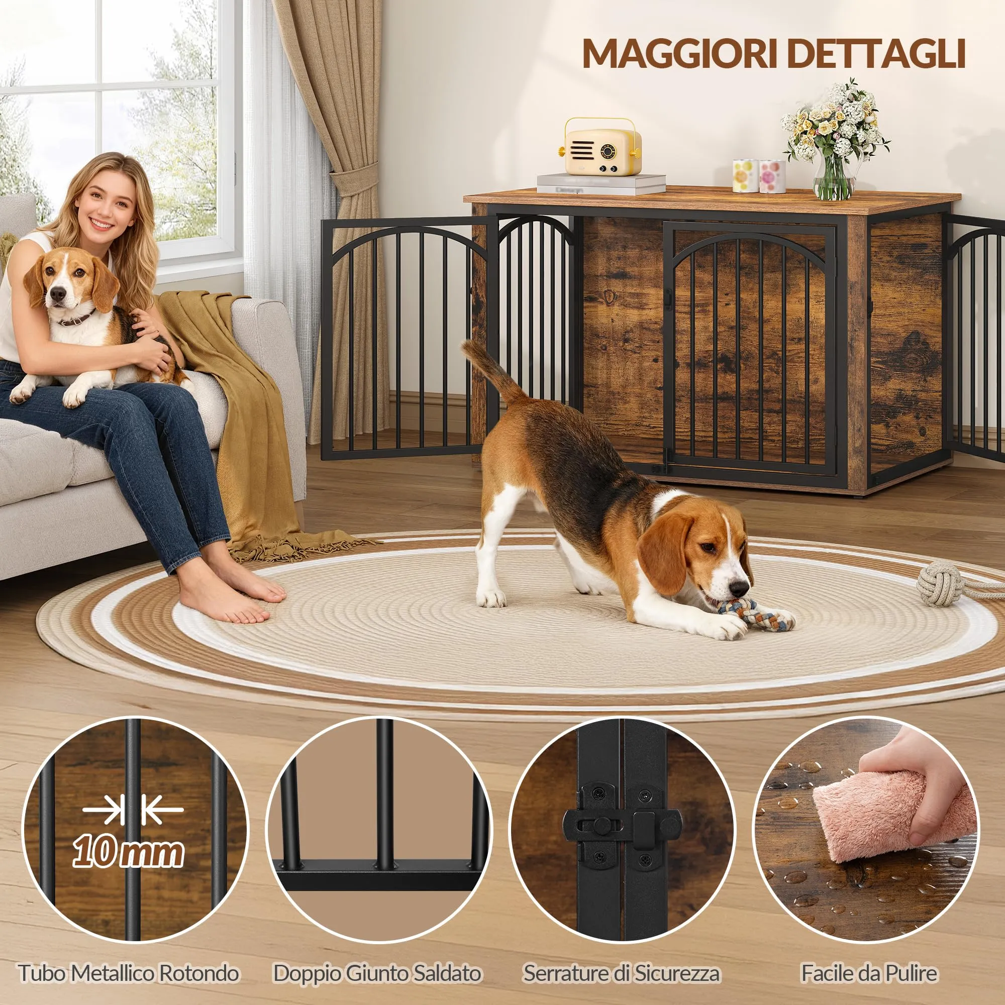 Fobyfurny Gabbia per Cani, 100 x 60 x 63 cm, Marrone Rustico e Nero - immagine 6
