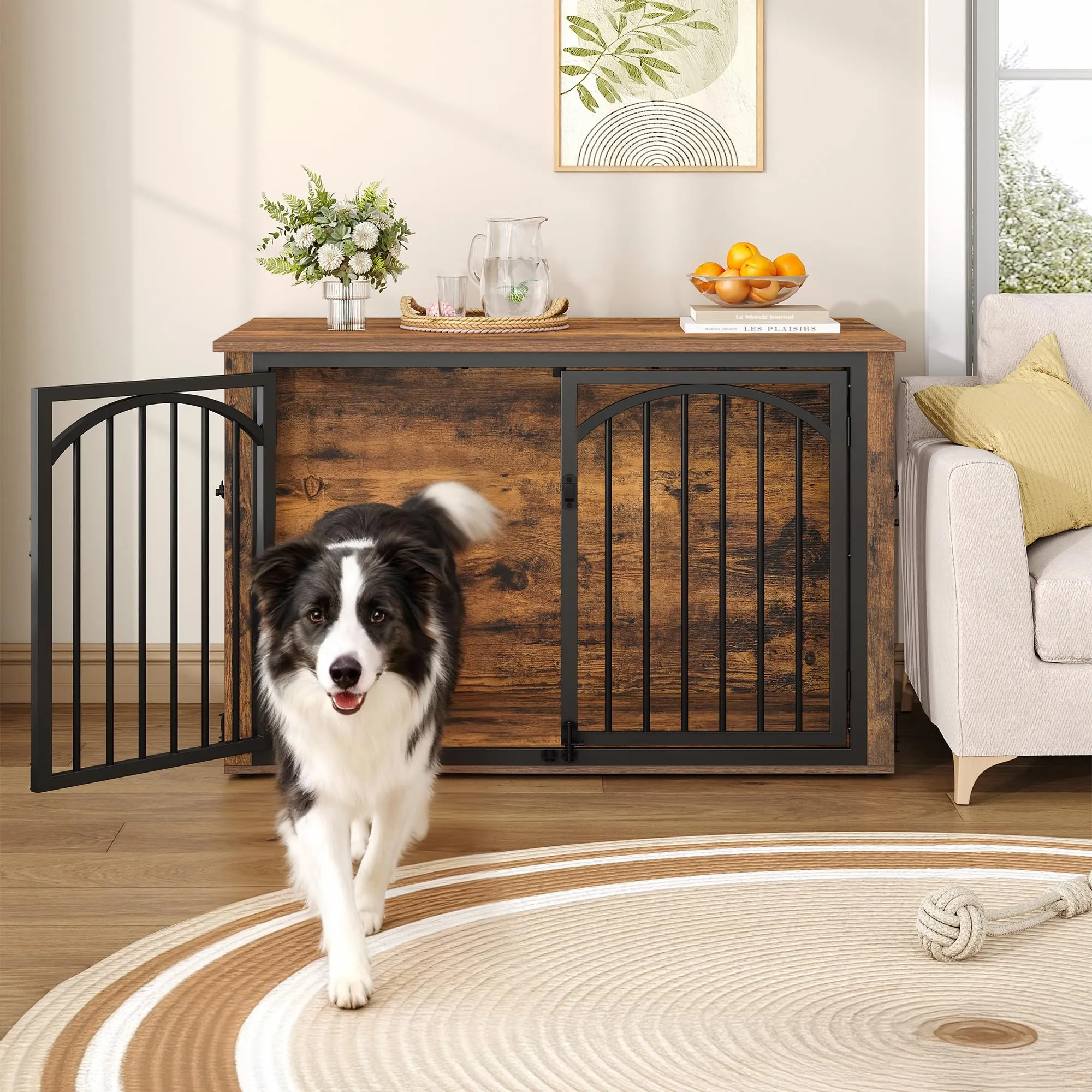 Fobyfurny Gabbia per Cani, 100 x 60 x 63 cm, Marrone Rustico e Nero - immagine 7