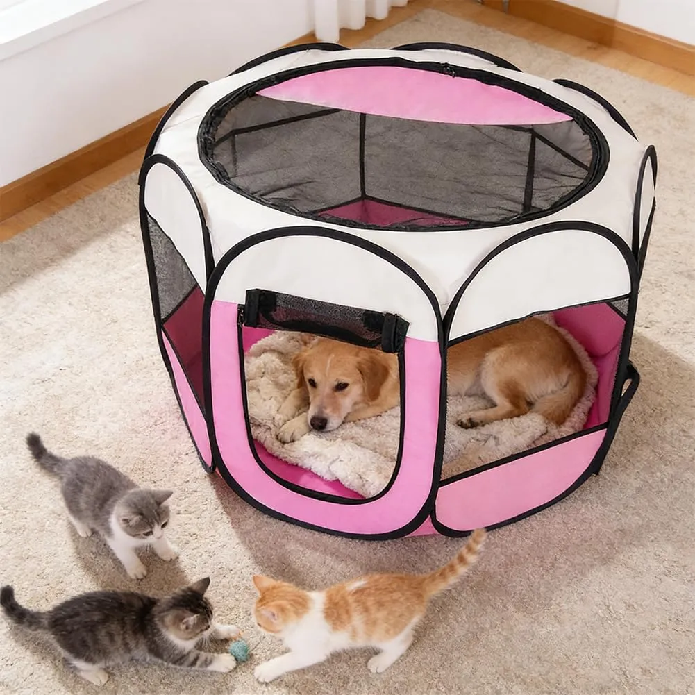 Box pieghevole per cuccioli, portatile, per la casa, impermeabile e antigraffio, in tessuto Oxford, per cani e gatti, 74 x 74 x 43 cm (rosa) - immagine 3