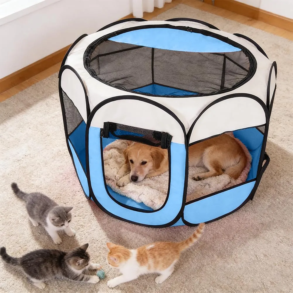 Parco pieghevole per cuccioli, parco portatile per cani, recinto per cani, appartamento, recinto impermeabile e anti-graffio in tessuto Oxford per cani, gatti, 74 x 74 x 43 cm (blu) - immagine 3