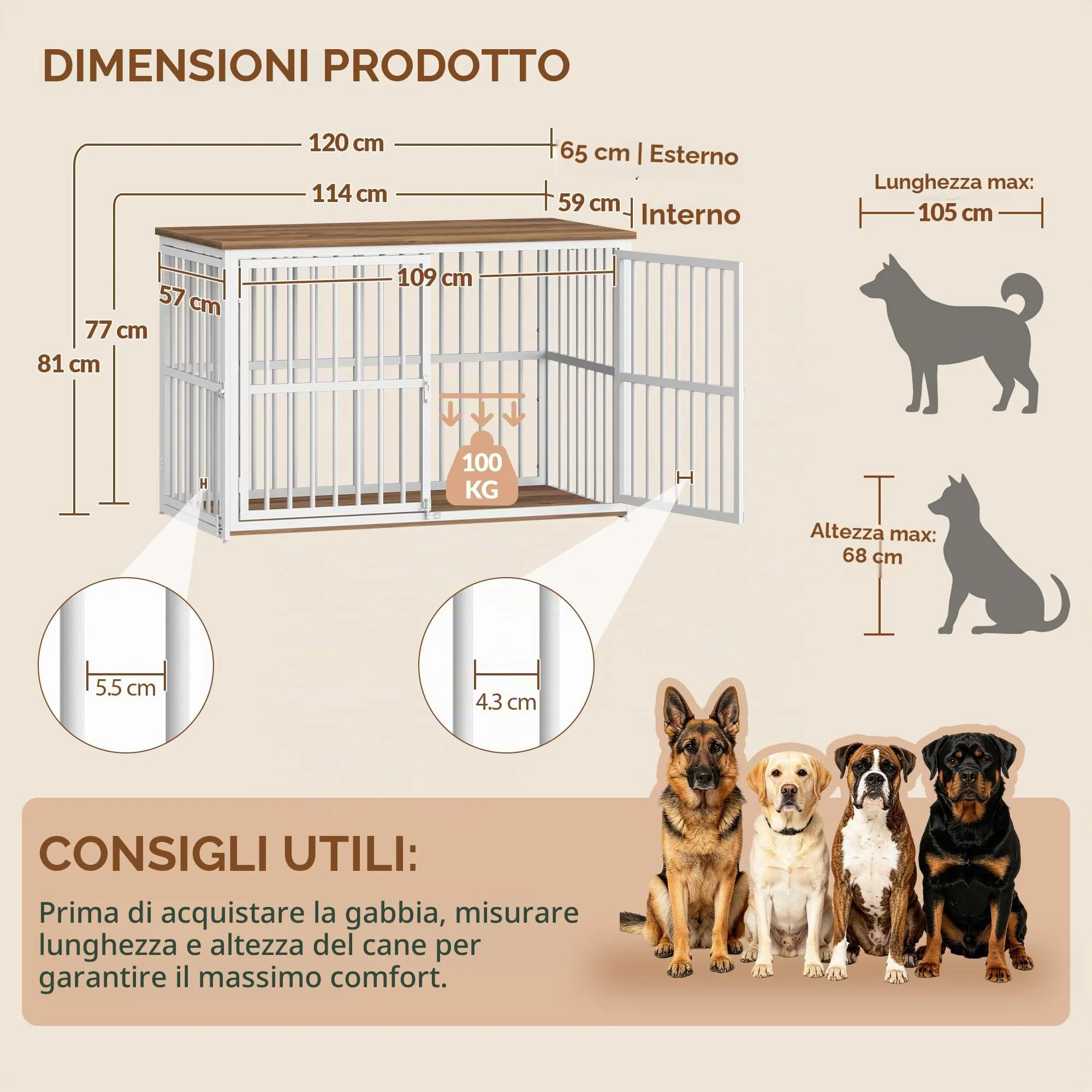 Fobyfurny Gabbia per Cani, 120 x 65 x 81 cm, Marrone Rustico & Bianco - immagine 4