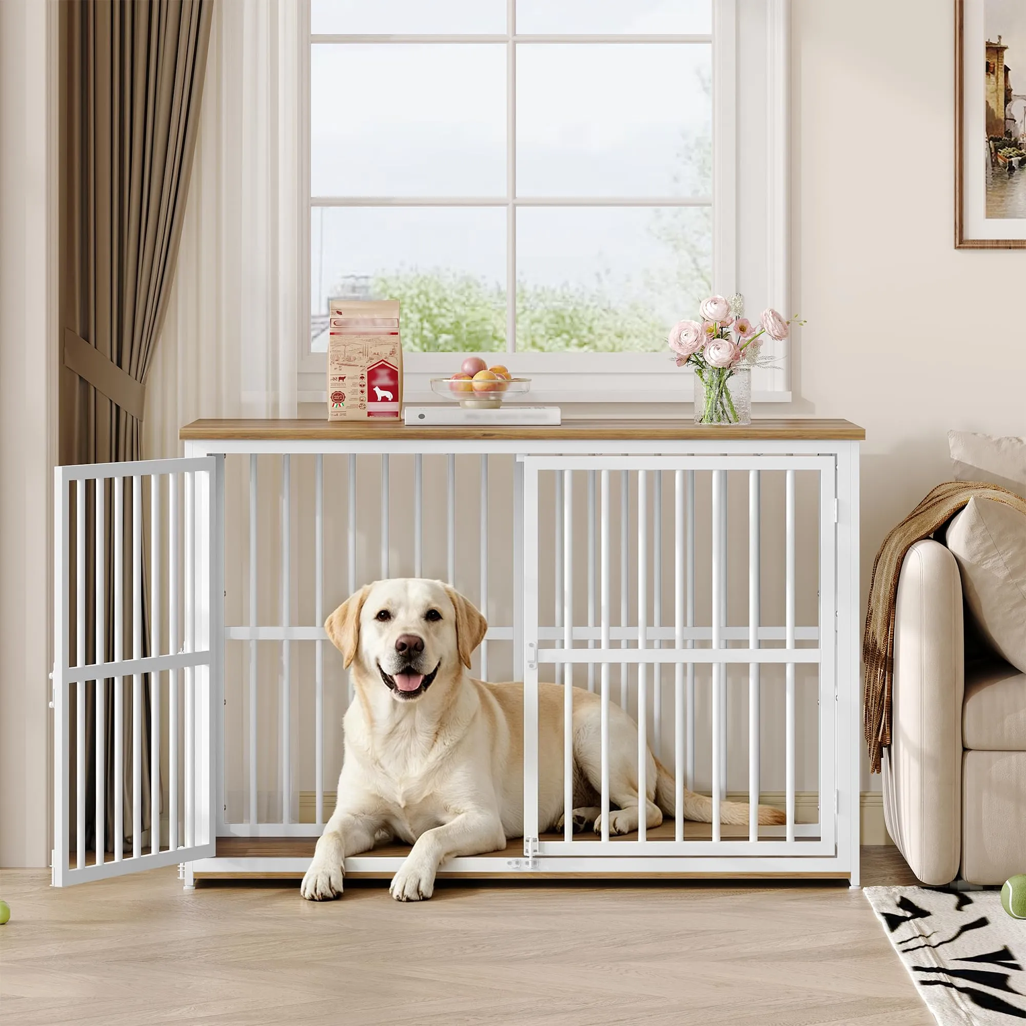 Fobyfurny Gabbia per Cani, 120 x 65 x 81 cm, Marrone Rustico & Bianco - immagine 6