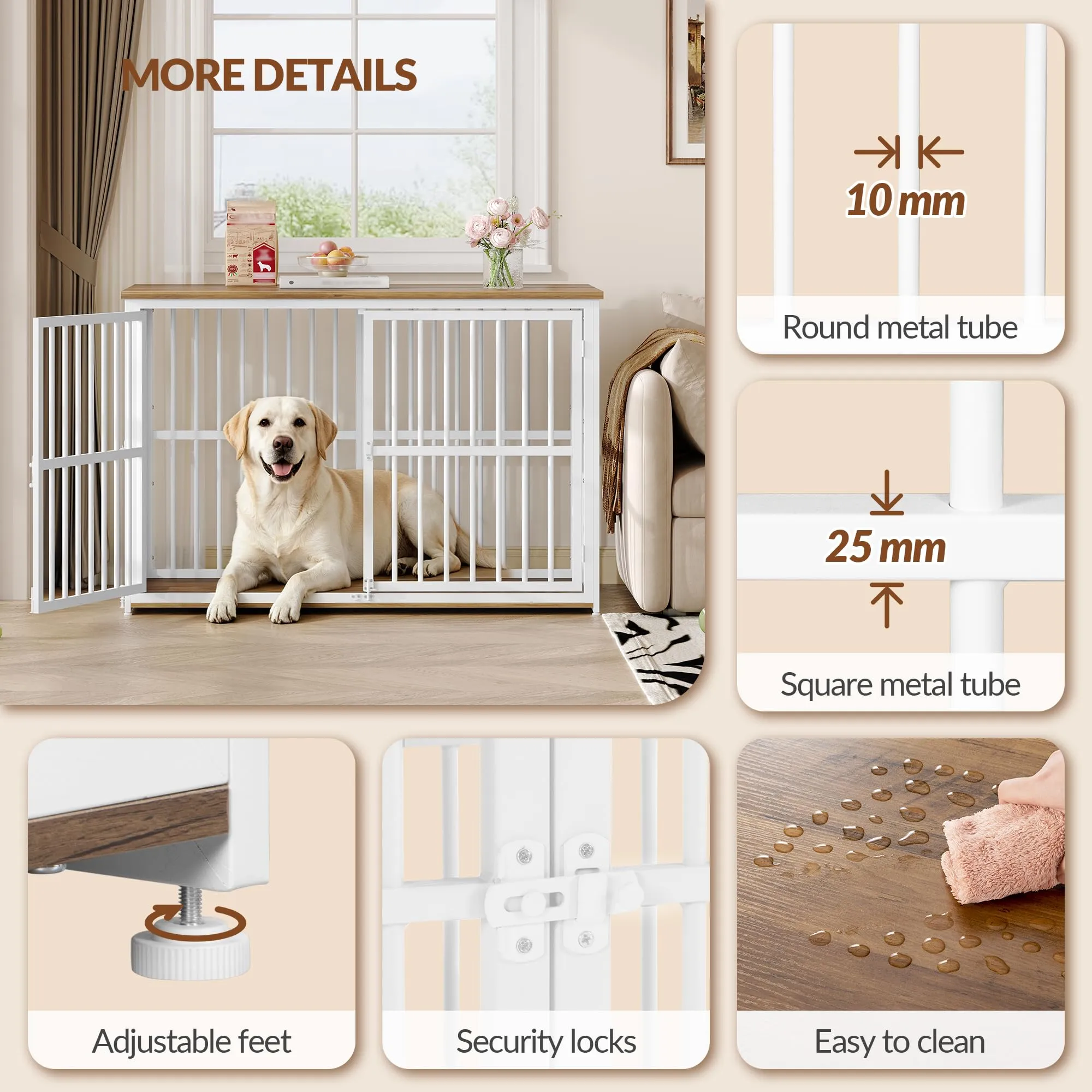 Fobyfurny Gabbia per Cani, 120 x 65 x 81 cm, Marrone Rustico & Bianco - immagine 7