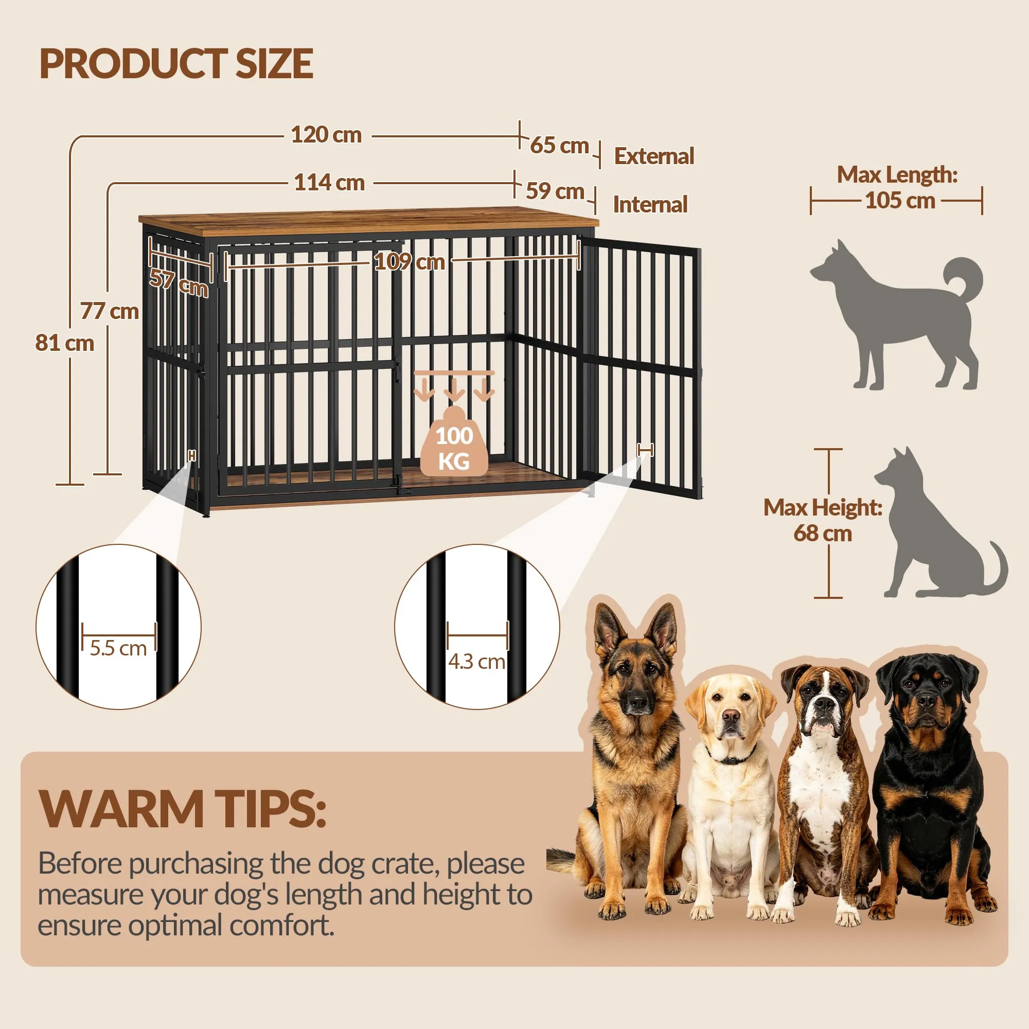 Fobyfurny Gabbia per Cani, 120 x 65 x 81 cm, Marrone Rustico & Nero - immagine 4