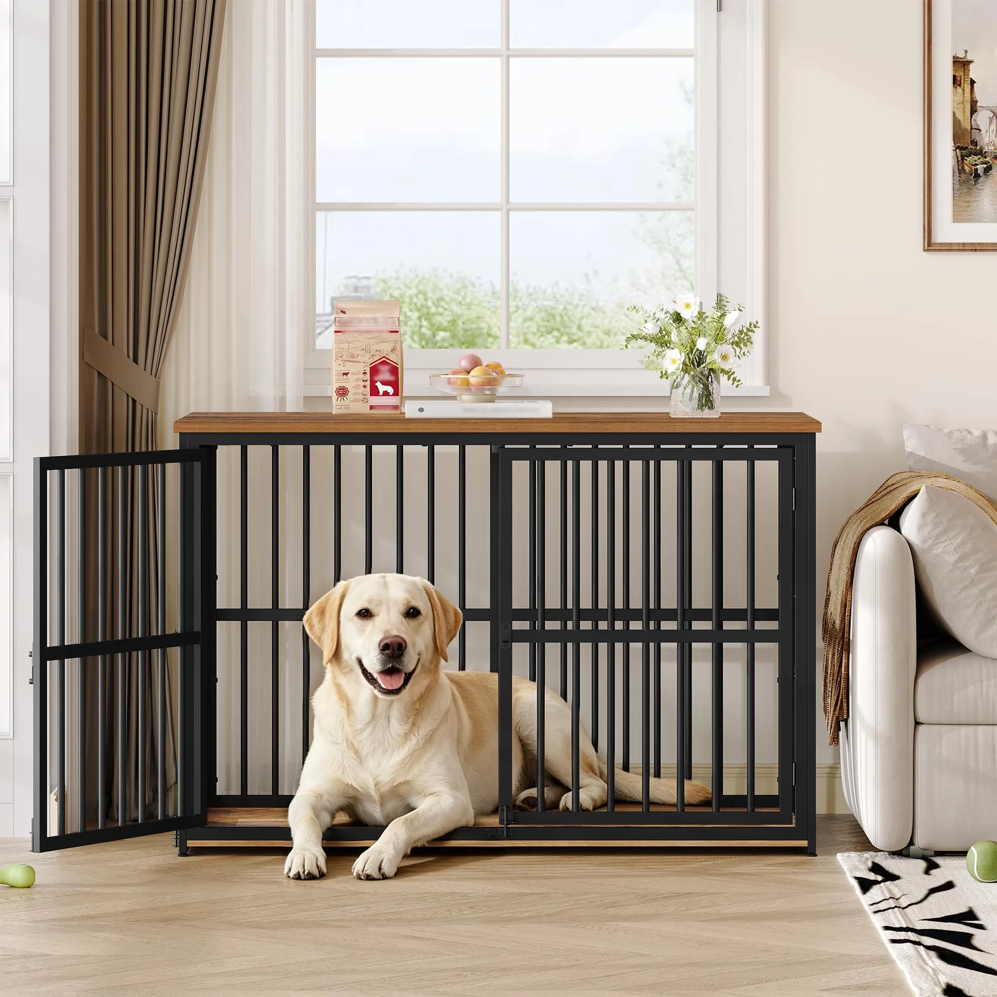 Fobyfurny Gabbia per Cani, 120 x 65 x 81 cm, Marrone Rustico & Nero - immagine 6