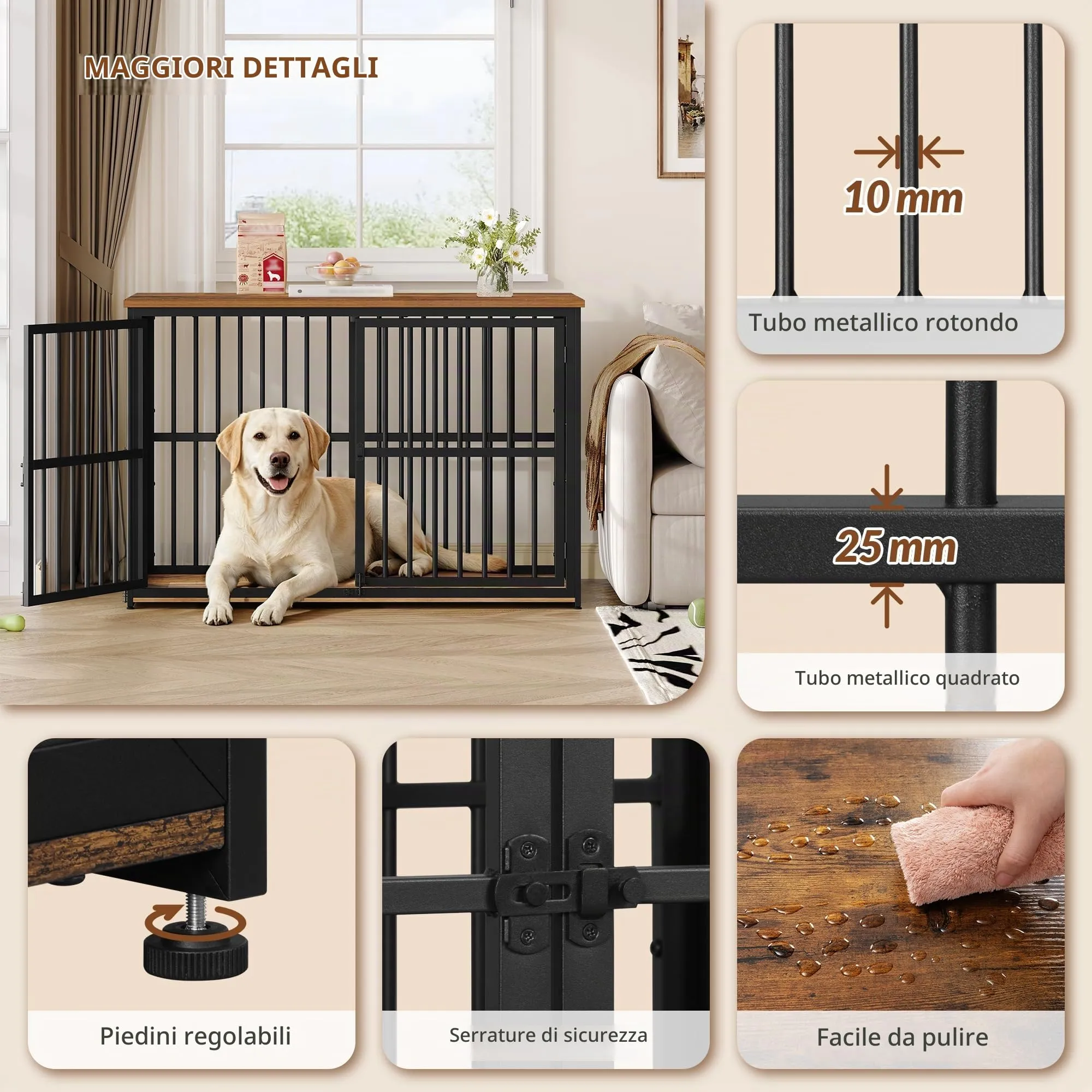 Fobyfurny Gabbia per Cani, 120 x 65 x 81 cm, Marrone Rustico & Nero - immagine 7