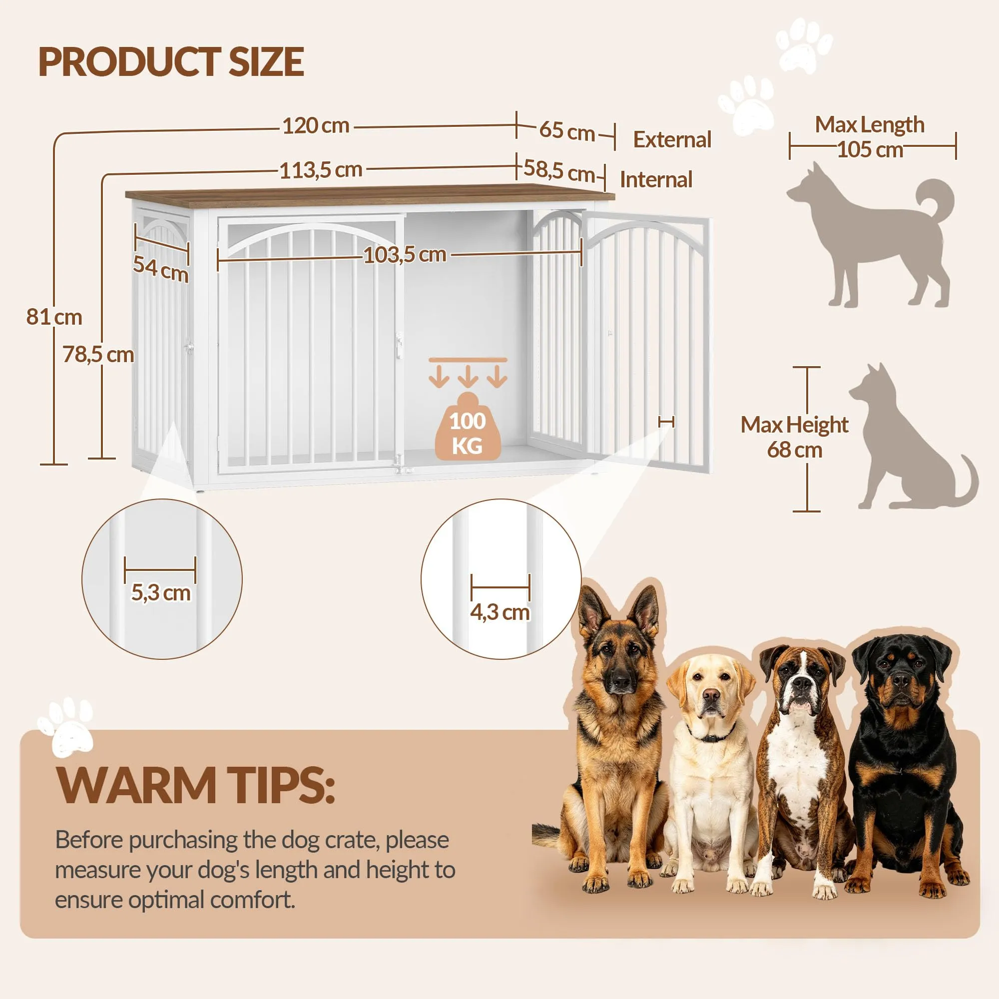 Fobyfurny Gabbia per Cani, 120 x 65 x 81 cm, Marrone e Bianco - immagine 5