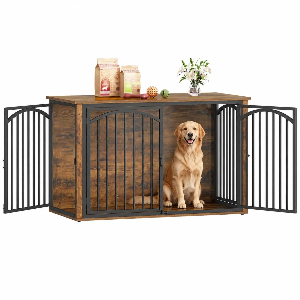 Fobyfurny Gabbia per Cani, 120 x 65 x 81 cm, Marrone Rustico e Nero - immagine 1