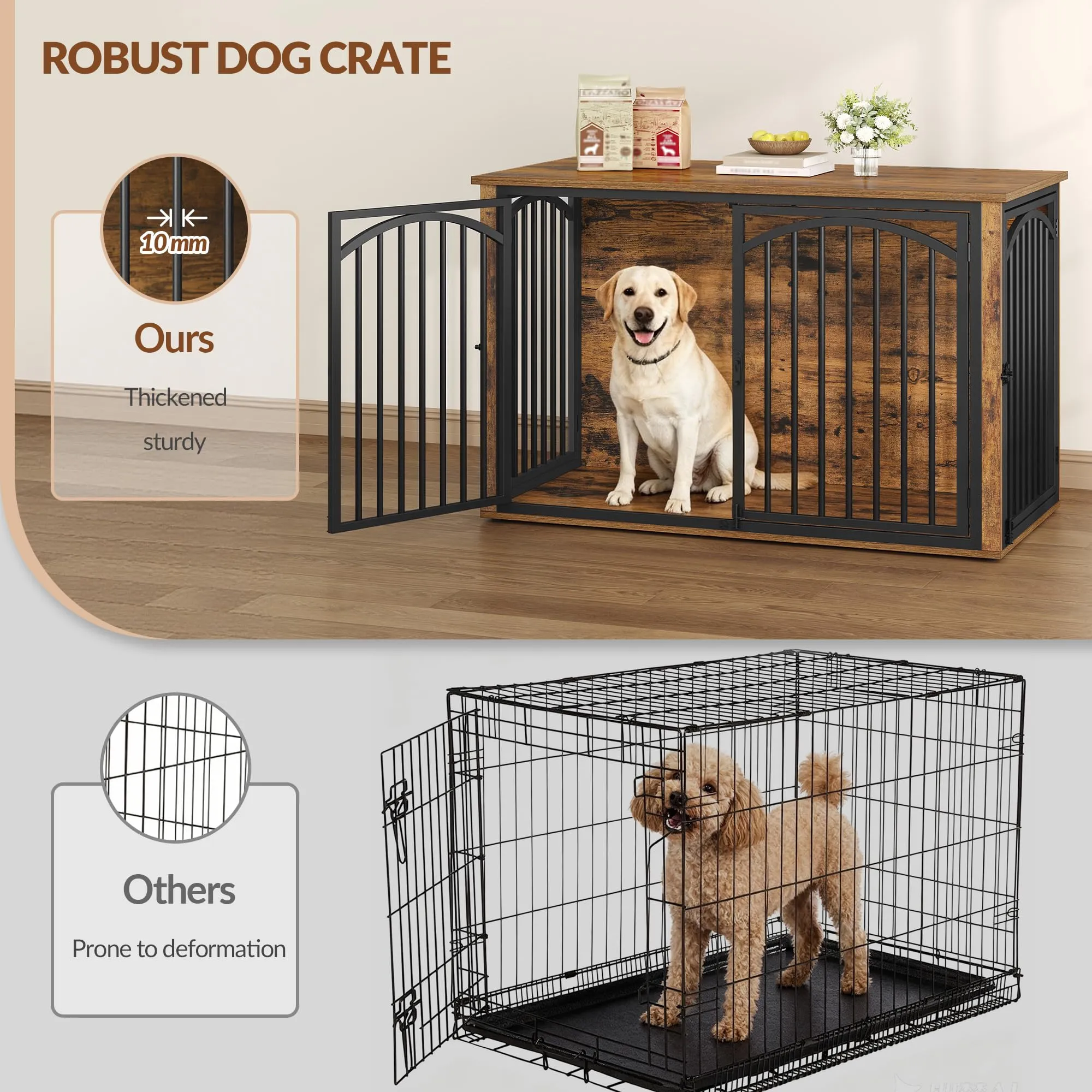 Fobyfurny Gabbia per Cani, 120 x 65 x 81 cm, Marrone Rustico e Nero - immagine 4