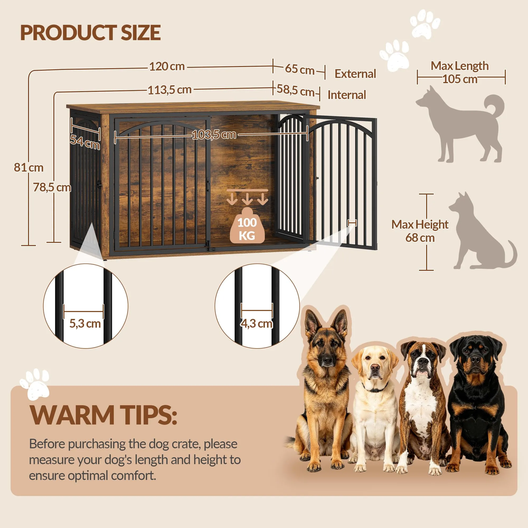 Fobyfurny Gabbia per Cani, 120 x 65 x 81 cm, Marrone Rustico e Nero - immagine 5