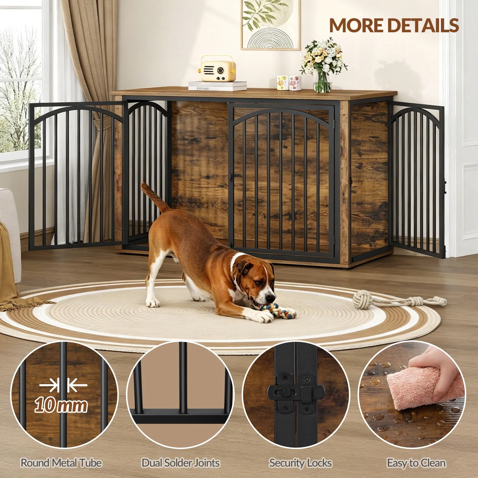 Fobyfurny Gabbia per Cani, 120 x 65 x 81 cm, Marrone Rustico e Nero - immagine 6