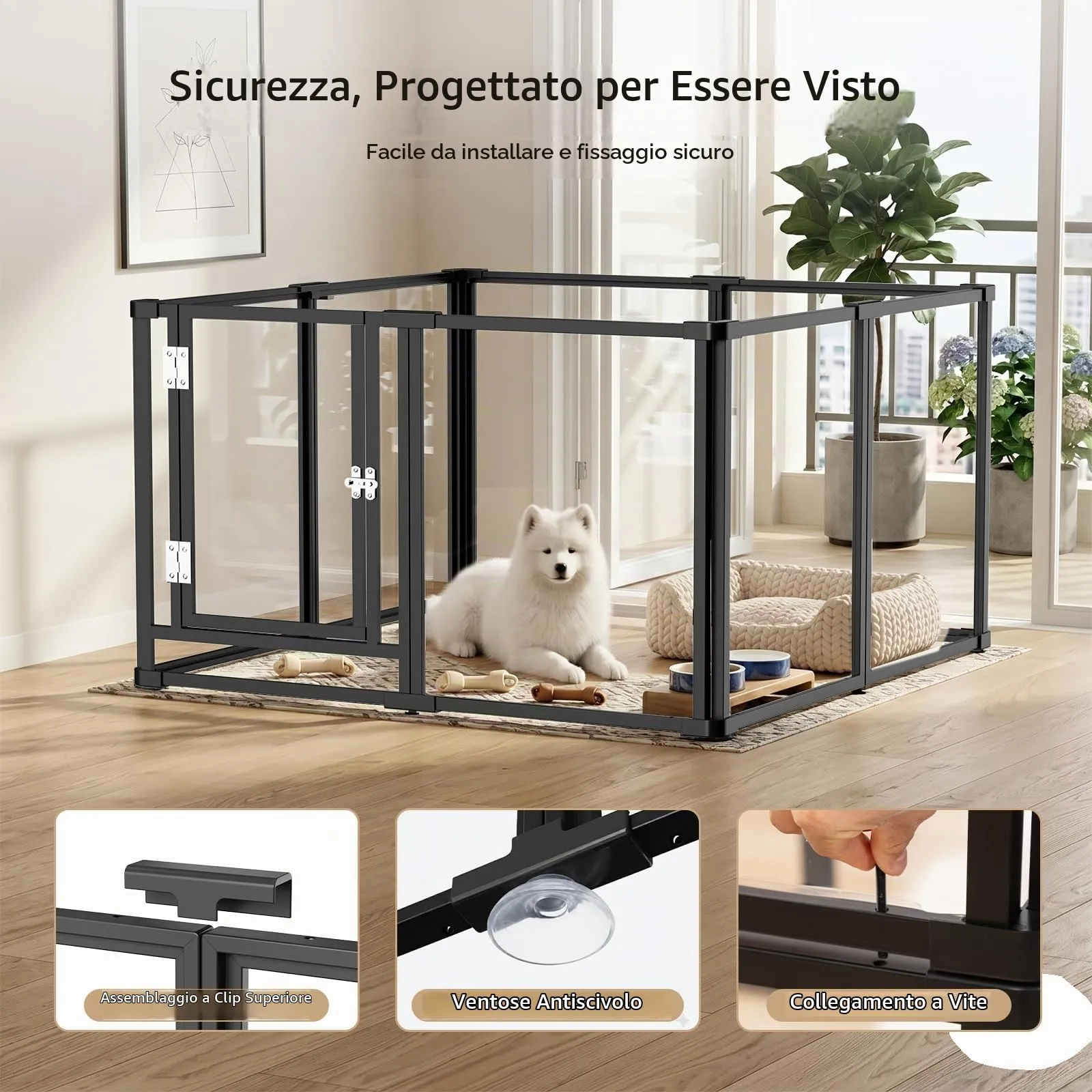 Homelio Recinto per Cani da Interno 8 Pannelli, Box per cani H:60cm, Materiale Acrilico Visibilità ad alta definizione a 360°, Telaio in metallo ultraresistente, Espandibile, Per Cuccioli, Gatti,Nero - immagine 4