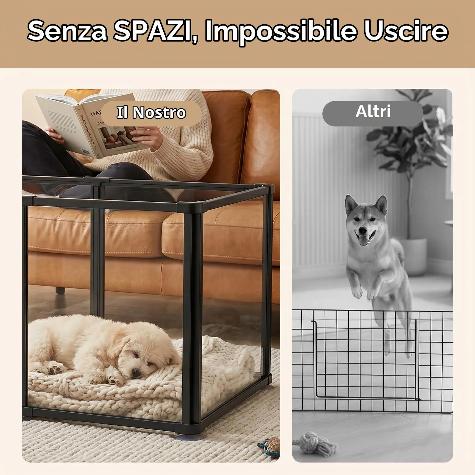 Homelio Recinto per Cani da Interno 8 Pannelli, Box per cani H:60cm, Materiale Acrilico Visibilità ad alta definizione a 360°, Telaio in metallo ultraresistente, Espandibile, Per Cuccioli, Gatti,Nero - immagine 7