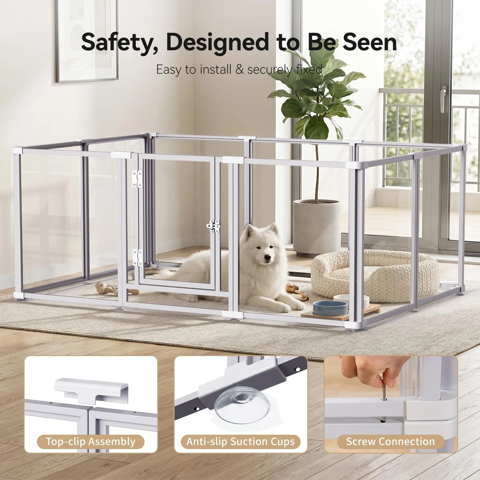Homelio Recinto per Cani da Interno 12 Pannelli, Box per cani H:60cm, Materiale Acrilico Visibilità ad alta definizione a 360°, Telaio in metallo ultraresistente, Espandibile, Per Cuccioli,Bianco - immagine 4