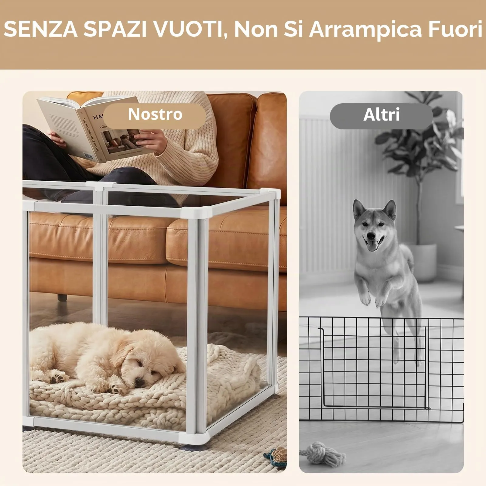 Homelio Recinto per Cani da Interno 12 Pannelli, Box per cani H:60cm, Materiale Acrilico Visibilità ad alta definizione a 360°, Telaio in metallo ultraresistente, Espandibile, Per Cuccioli,Bianco - immagine 5
