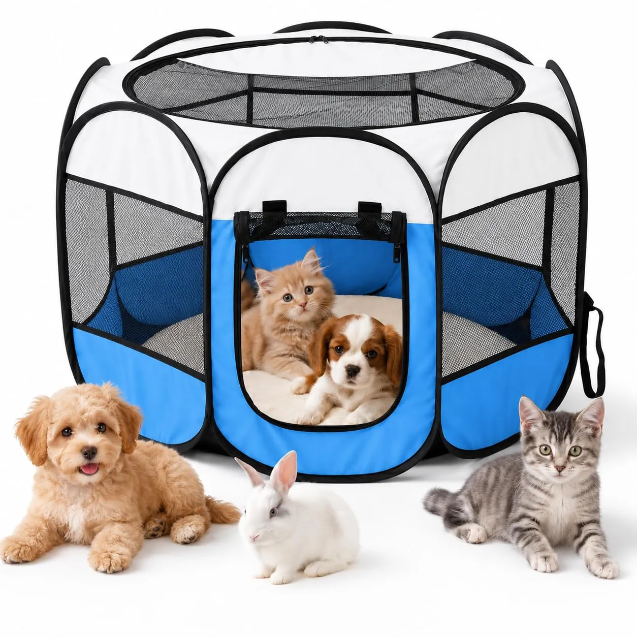 Recinto pieghevole per cuccioli, 74 x 74 x 43 cm, per la casa, box pieghevole per cani, gatti, conigli, interni ed esterni (blu) - immagine 1
