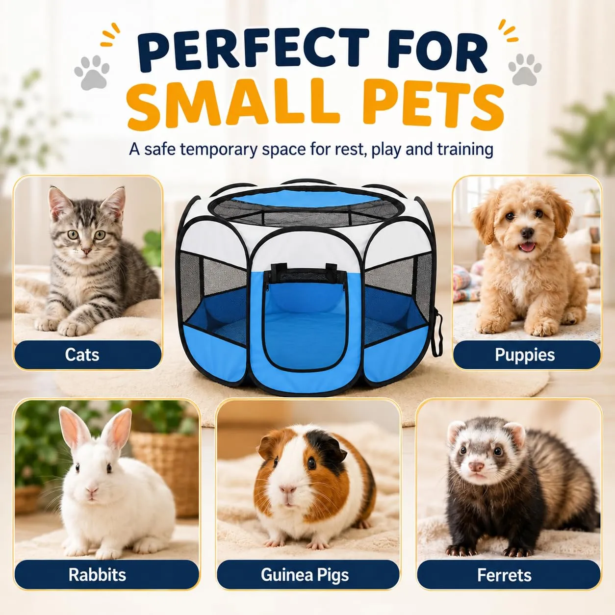 Recinto pieghevole per cuccioli, 74 x 74 x 43 cm, per la casa, box pieghevole per cani, gatti, conigli, interni ed esterni (blu) - immagine 3