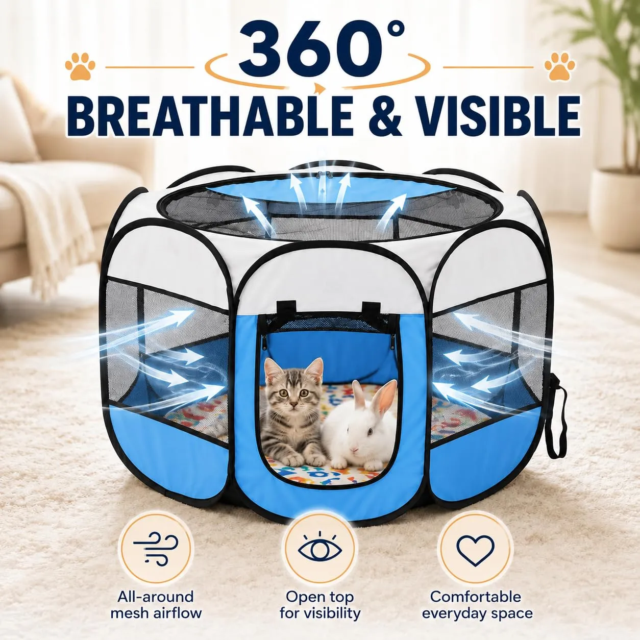 Recinto pieghevole per cuccioli, 74 x 74 x 43 cm, per la casa, box pieghevole per cani, gatti, conigli, interni ed esterni (blu) - immagine 4