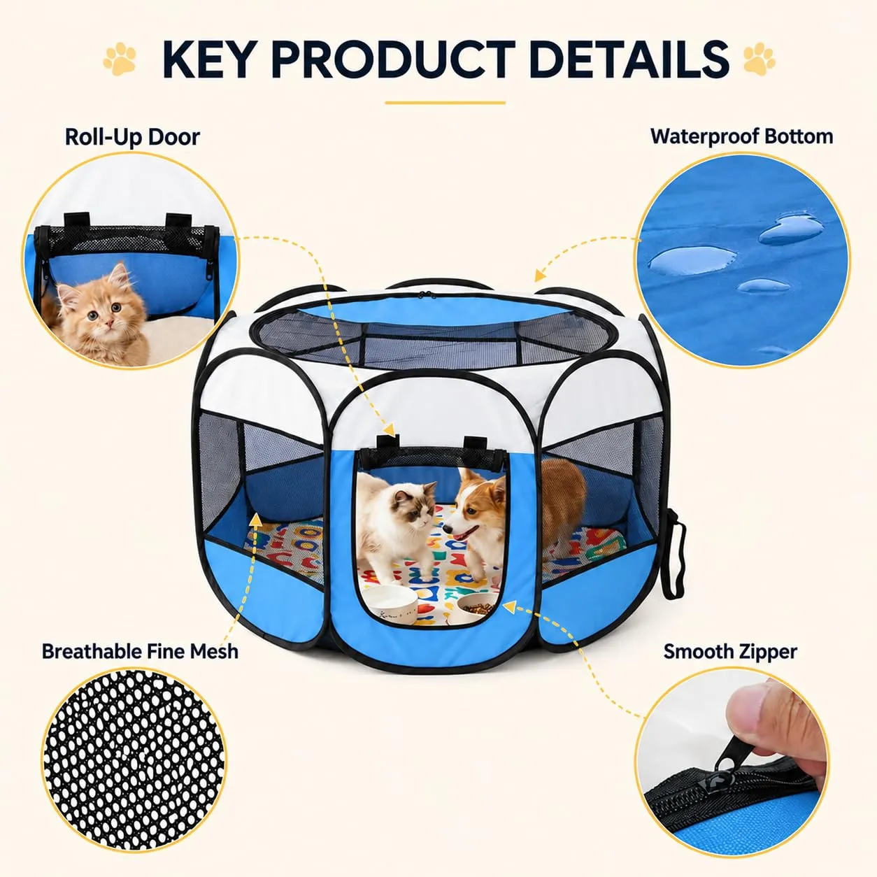 Recinto pieghevole per cuccioli, 74 x 74 x 43 cm, per la casa, box pieghevole per cani, gatti, conigli, interni ed esterni (blu) - immagine 6