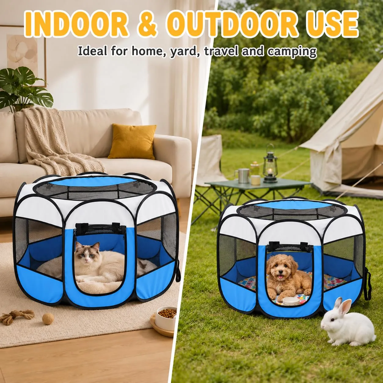Recinto pieghevole per cuccioli, 74 x 74 x 43 cm, per la casa, box pieghevole per cani, gatti, conigli, interni ed esterni (blu) - immagine 7