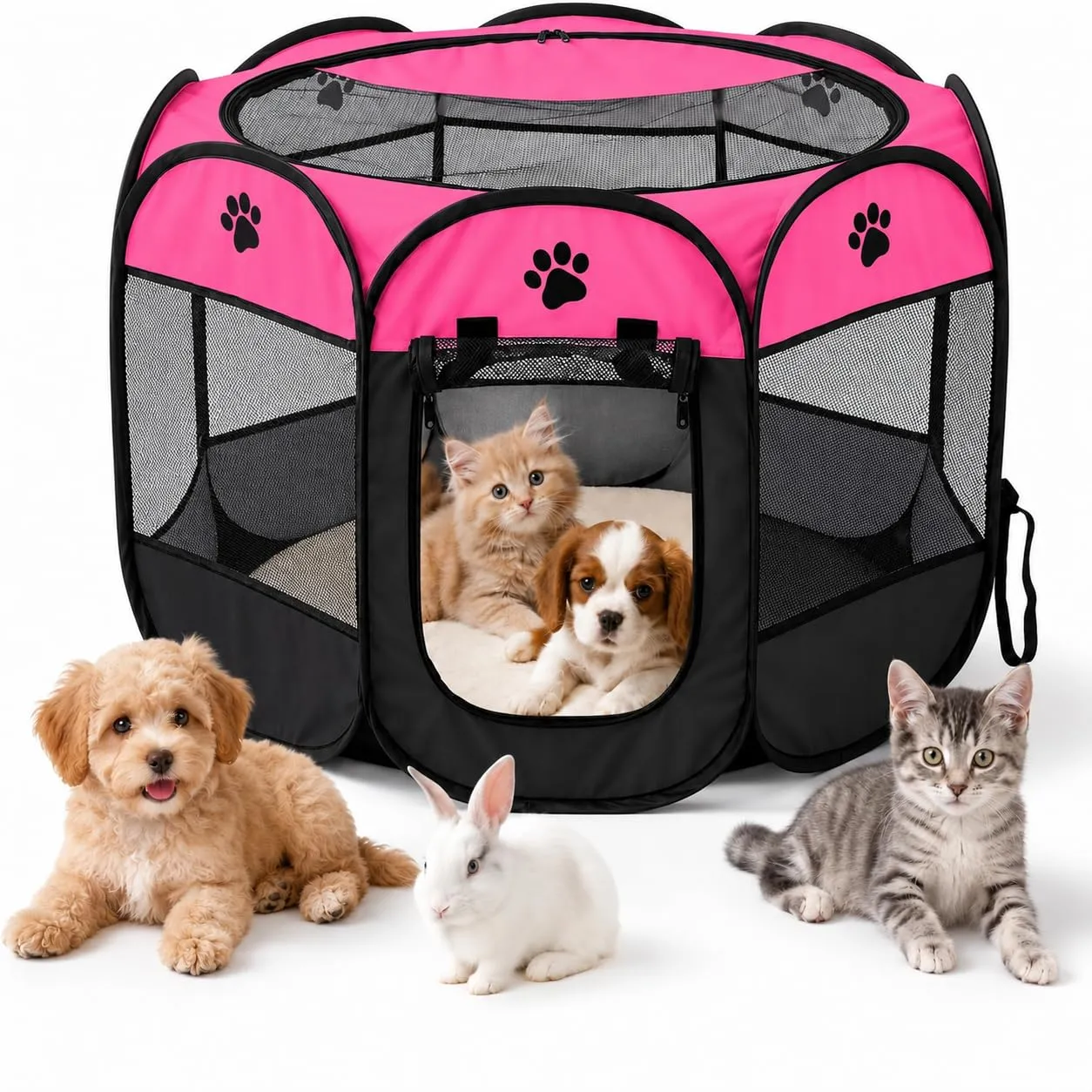 Recinto pieghevole per cuccioli, 74 x 74 x 43 cm, per la casa, box pieghevole per cani, gatti, conigli, interni ed esterni, rosa rosso - immagine 1