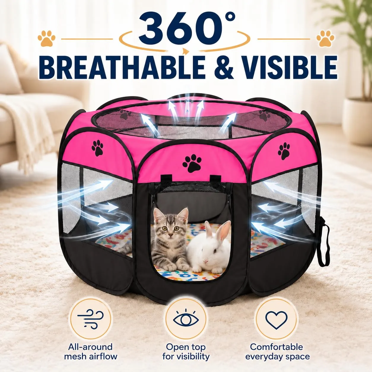 Recinto pieghevole per cuccioli, 74 x 74 x 43 cm, per la casa, box pieghevole per cani, gatti, conigli, interni ed esterni, rosa rosso - immagine 4