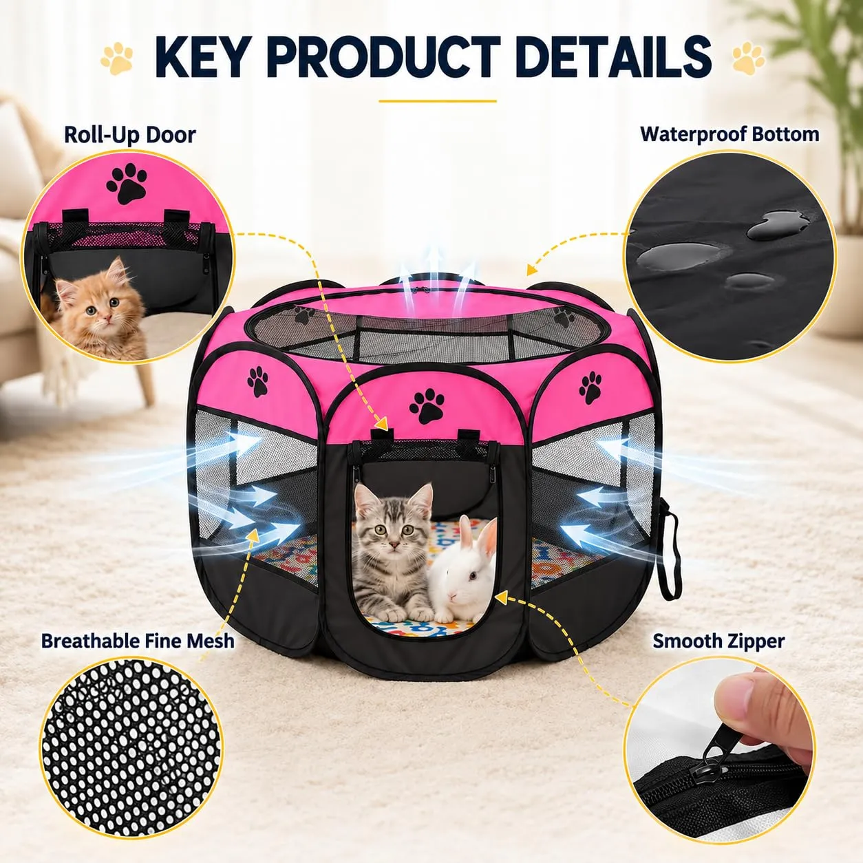 Recinto pieghevole per cuccioli, 74 x 74 x 43 cm, per la casa, box pieghevole per cani, gatti, conigli, interni ed esterni, rosa rosso - immagine 6