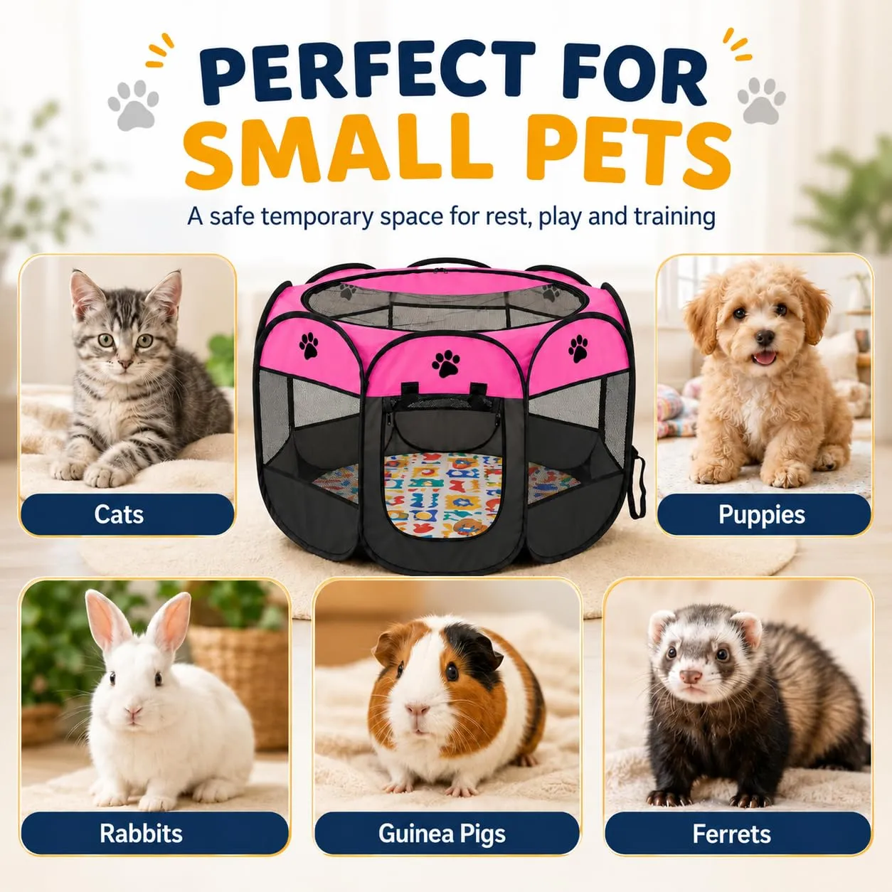 Recinto pieghevole per cuccioli, 74 x 74 x 43 cm, per la casa, box pieghevole per cani, gatti, conigli, interni ed esterni, rosa rosso - immagine 7