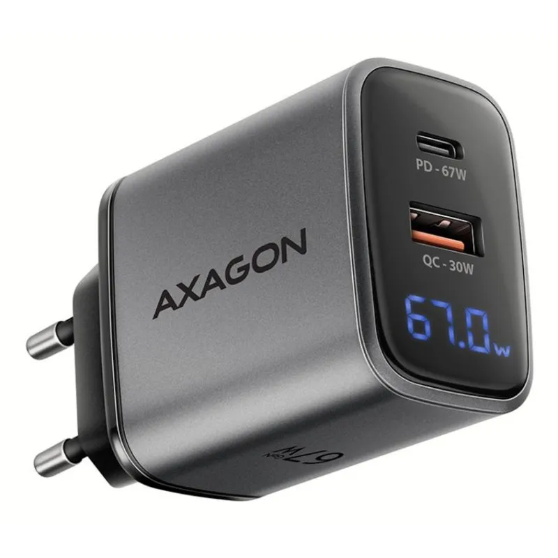 Caricatore Axagon ACU-PQ67D 67W USB-C e USB-A GaN Nero/Grigio - immagine 1