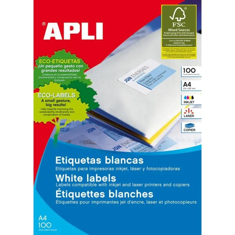 Etichetta autoadesiva Apli A4 Bianco Permanente - immagine 1