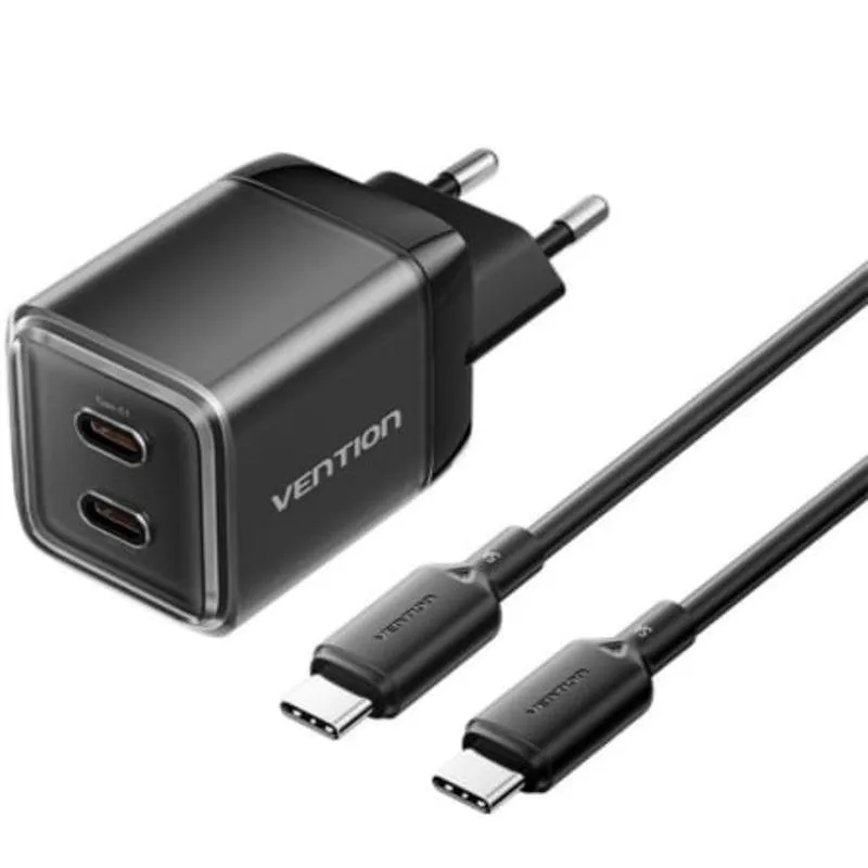 Caricatore a Muro GaN Vention 2xUSB-C 45W + Cavo USB-C 1m Nero - immagine 1
