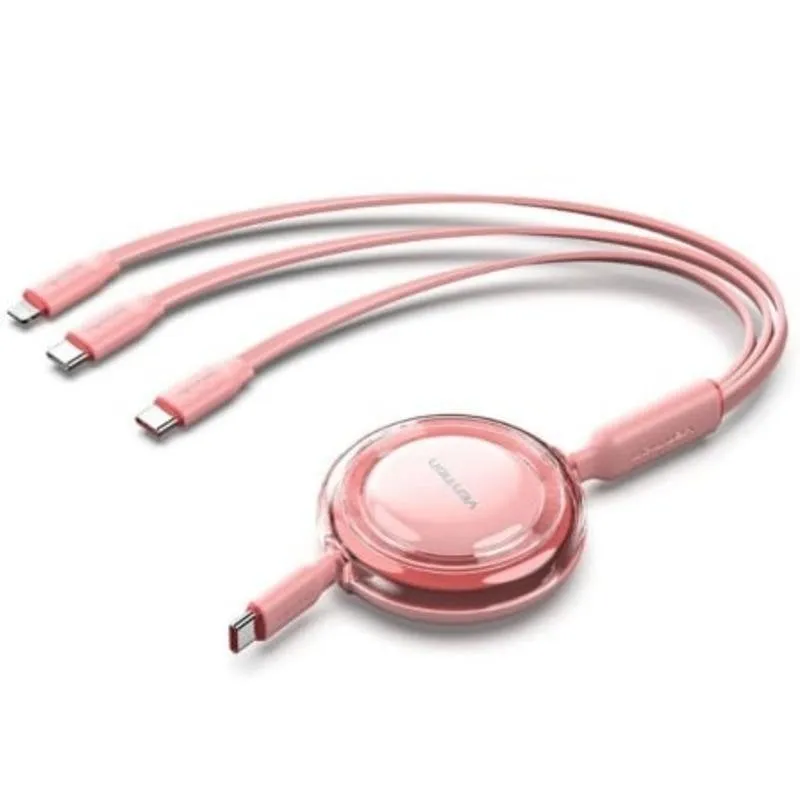 Cavo USB Type-C 3 in 1 Vention Retrattile 1.1m 100W 480Mbps Rosa - immagine 1