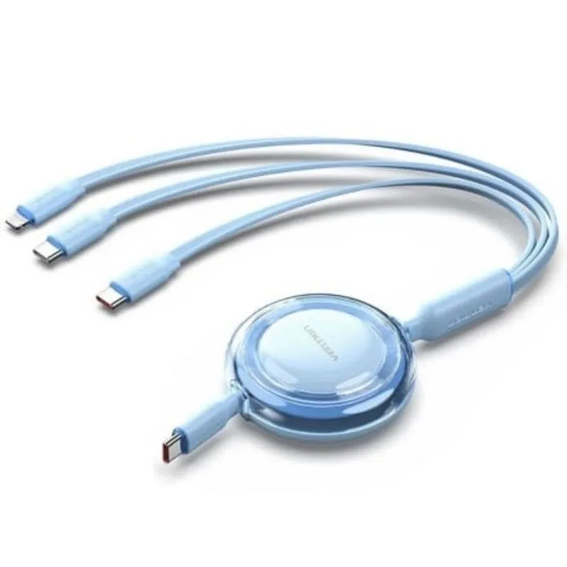 Cavo USB Type-C 3 in 1 Vention Retrattile 100W 480Mbps 1.1m Blu - immagine 1