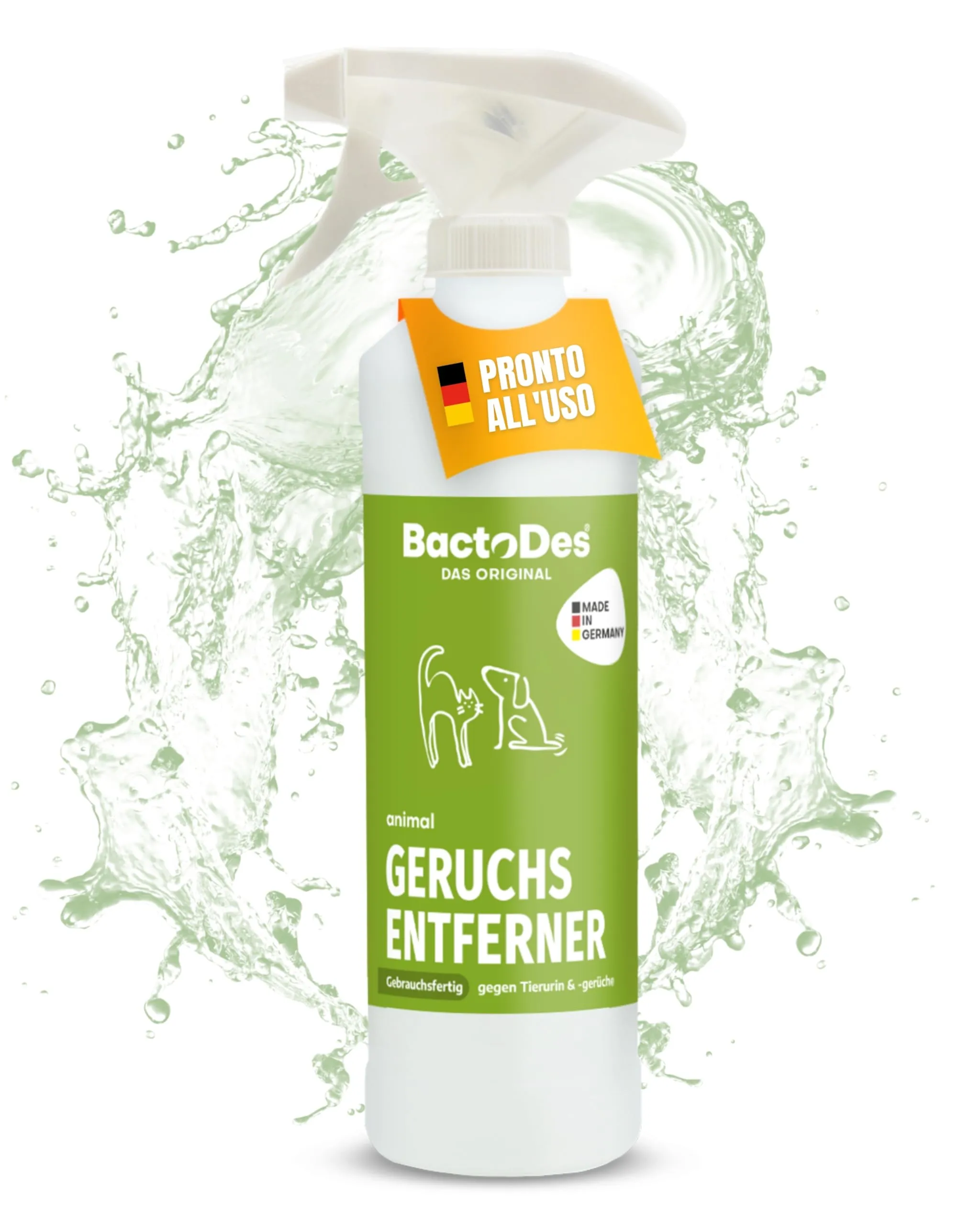 BactoDes - Animal Ready neutralizzatore odori animali domestici bottiglia spray da 500 ml - Detergente enzimatico per urina di gatti & cani, effetto bio-microbico - Eliminaodori per odori sgradevoli - immagine 1
