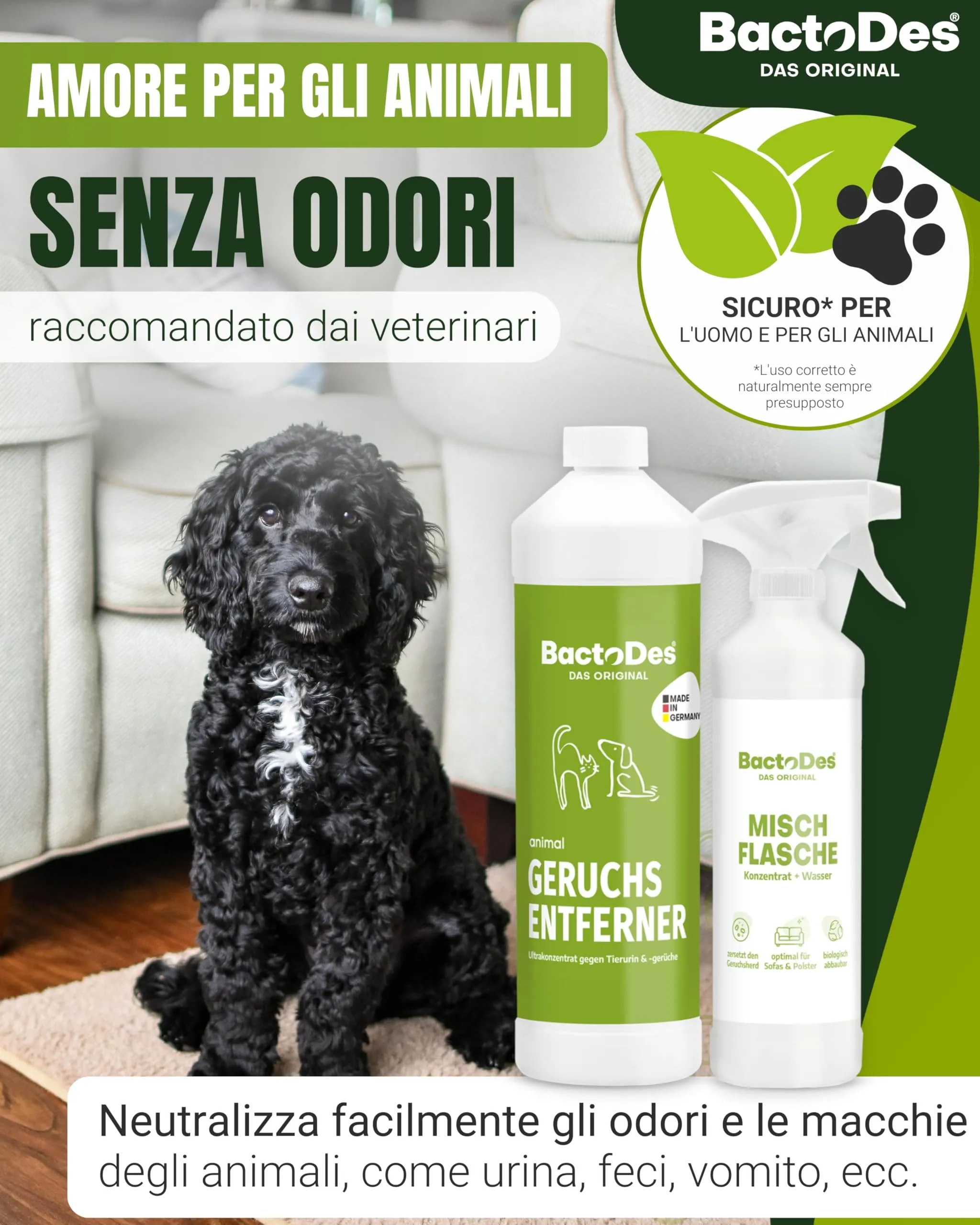 BactoDes - Animal Ready neutralizzatore odori animali domestici bottiglia spray da 500 ml - Detergente enzimatico per urina di gatti & cani, effetto bio-microbico - Eliminaodori per odori sgradevoli - immagine 2