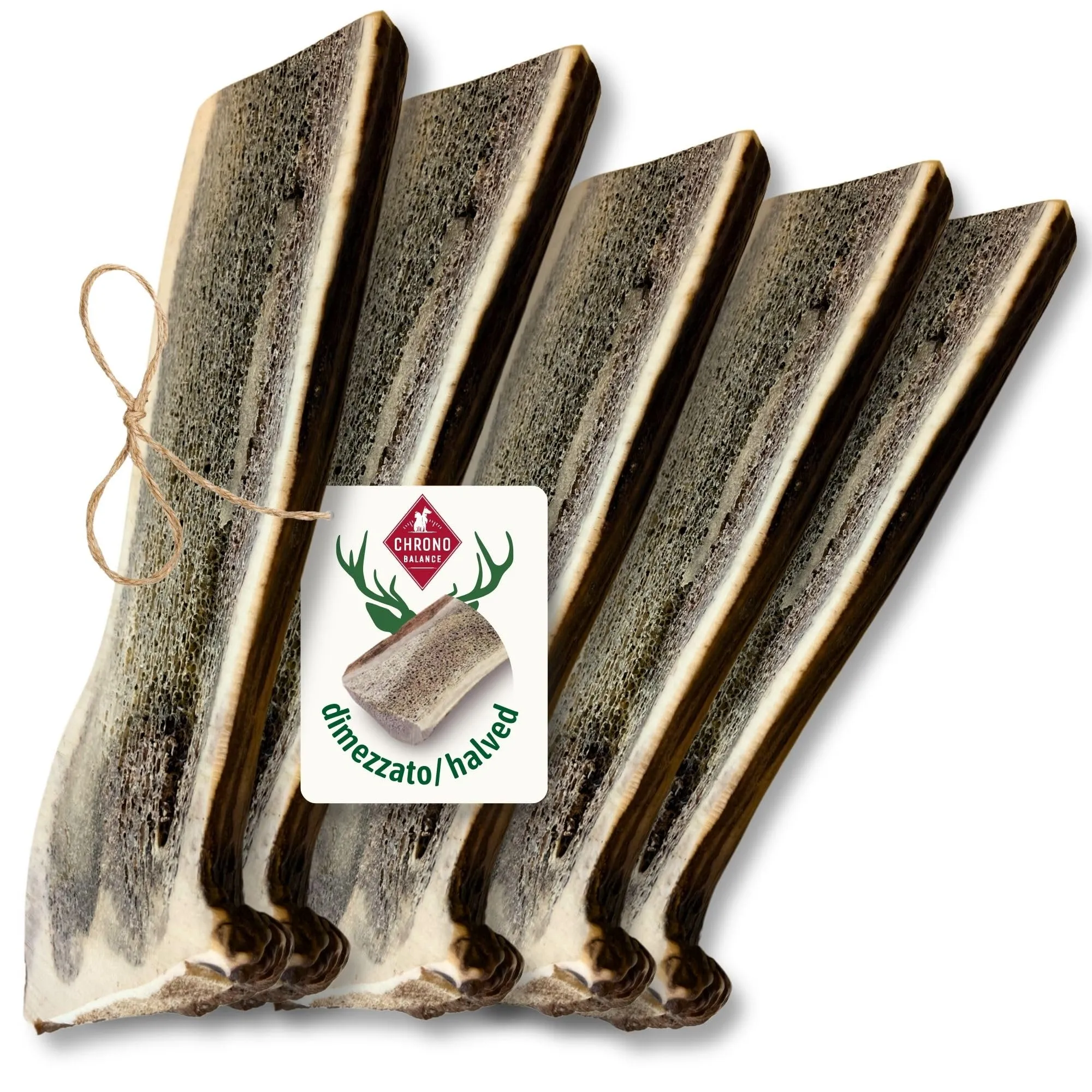 ChronoBalance-XL Corno di Cervo per Cani, Confezione da 5, Dimezzato, 100% Naturale, Osso di Cervo, Cura Dentale, Giocattolo per Cani, Senza Sostanze Chimiche, Lunga Durata - immagine 1