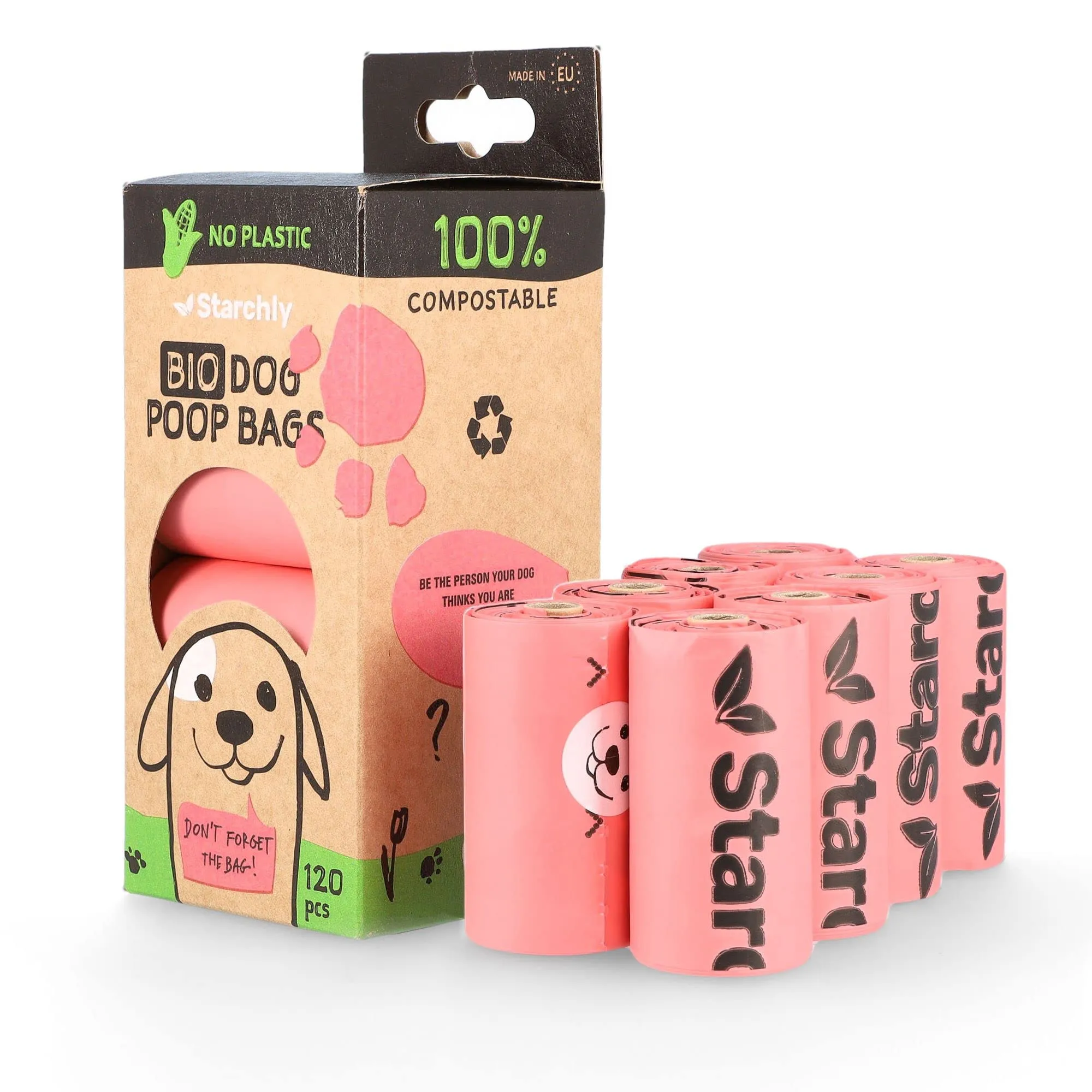 Starchly Sacchetti per cacca compostabili per rifiuti di cani ecologici a prova di perdite, 120 sacchetti (8 rotoli da 15), rosa, sacchetti cane, sacchetti cane cacca biodegradabili - immagine 1
