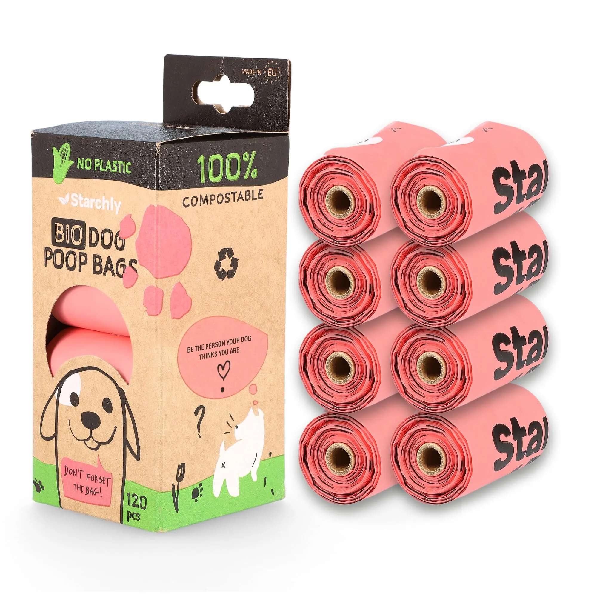 Starchly Sacchetti per cacca compostabili per rifiuti di cani ecologici a prova di perdite, 120 sacchetti (8 rotoli da 15), rosa, sacchetti cane, sacchetti cane cacca biodegradabili - immagine 2