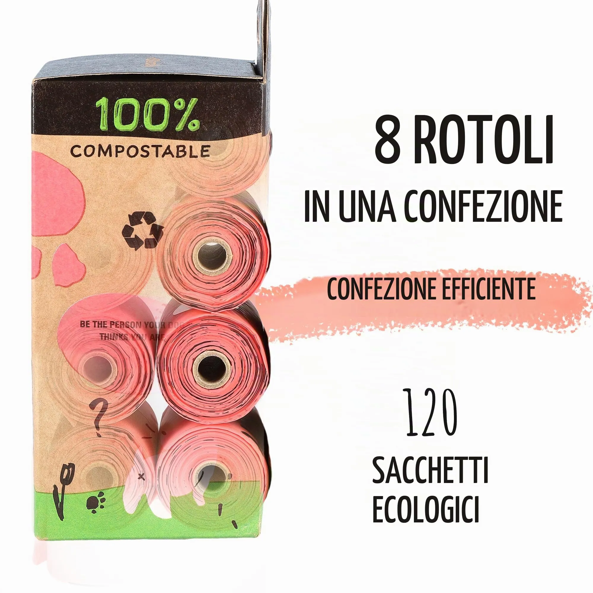 Starchly Sacchetti per cacca compostabili per rifiuti di cani ecologici a prova di perdite, 120 sacchetti (8 rotoli da 15), rosa, sacchetti cane, sacchetti cane cacca biodegradabili - immagine 3