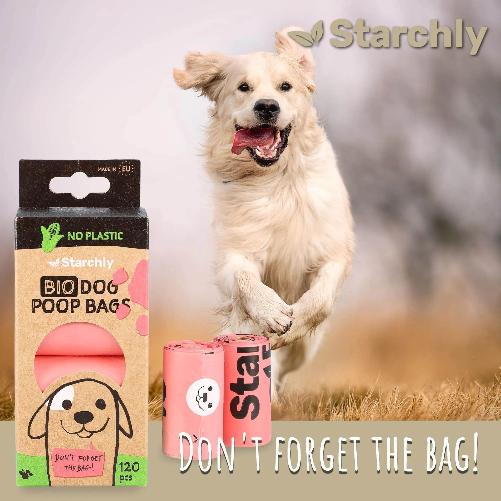 Starchly Sacchetti per cacca compostabili per rifiuti di cani ecologici a prova di perdite, 120 sacchetti (8 rotoli da 15), rosa, sacchetti cane, sacchetti cane cacca biodegradabili - immagine 7