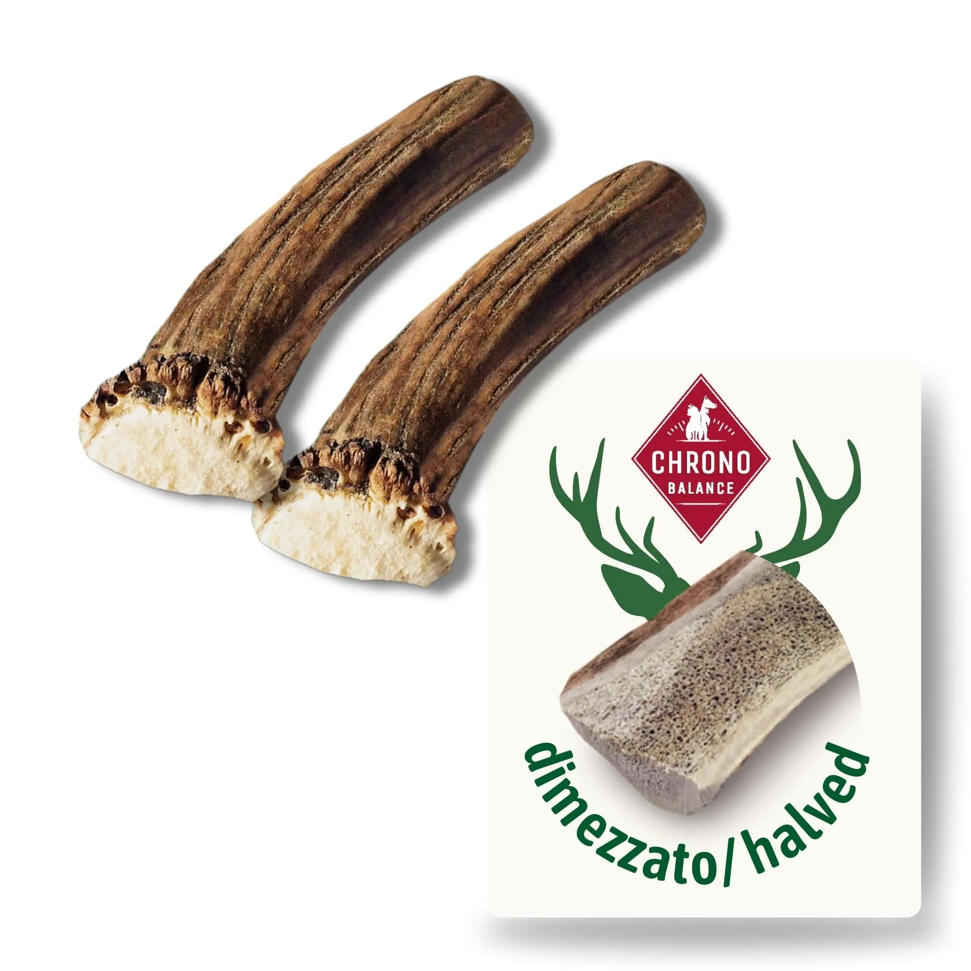 ChronoBalance-M Corno di Cervo per Cani, Confezione da 2, Dimezzato, 100% Naturale, Osso di Cervo, Cura Dentale, Giocattolo per Cani, Senza Sostanze Chimiche, Lunga Durata - immagine 1