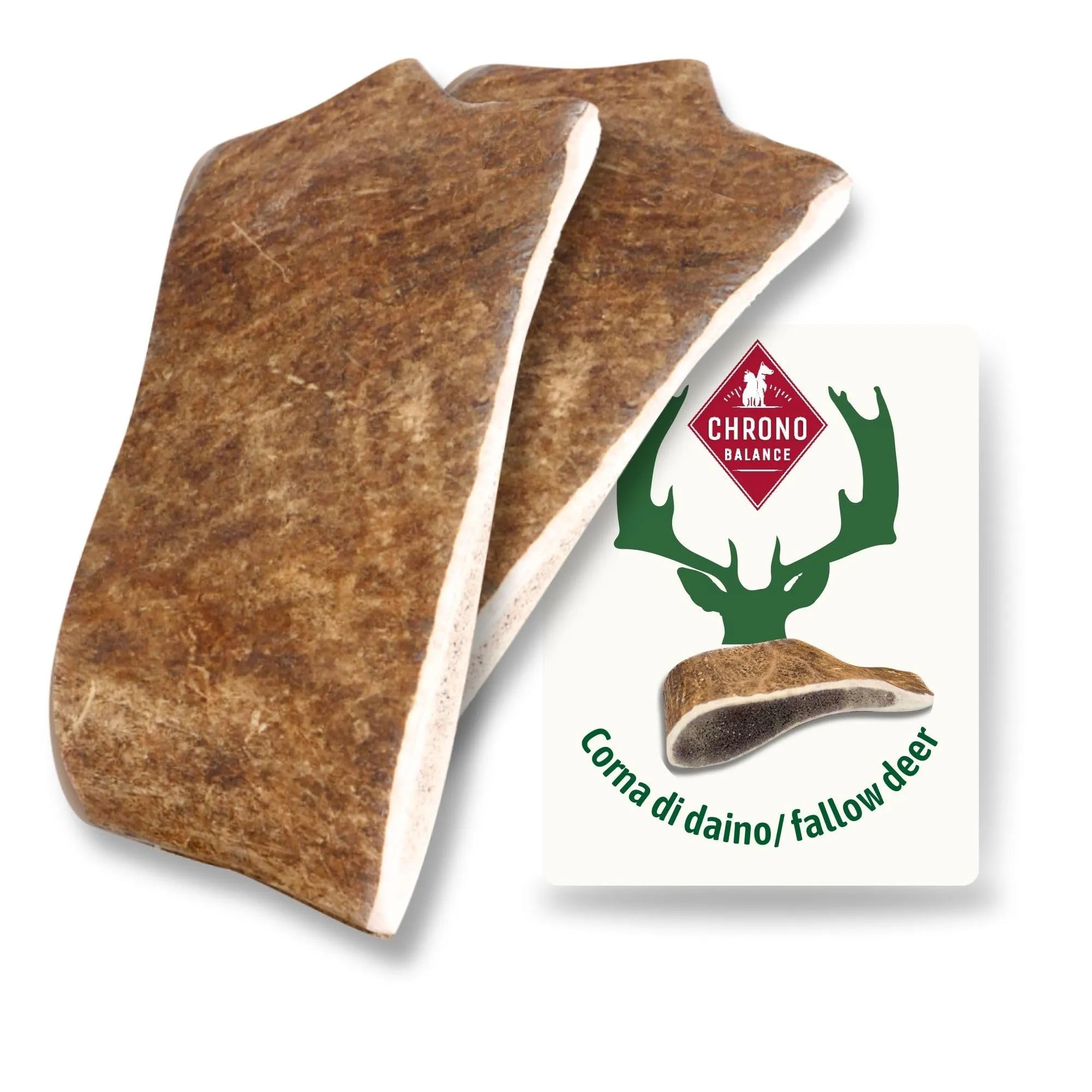 ChronoBalance-L Corno di Cervo Daino per Cani, Confezione da 2, 100% Naturale, Osso di Cervo, Cura Dentale, Giocattolo per Cani, Ricco di Minerali e Nutrienti, Lunga Durata - immagine 1