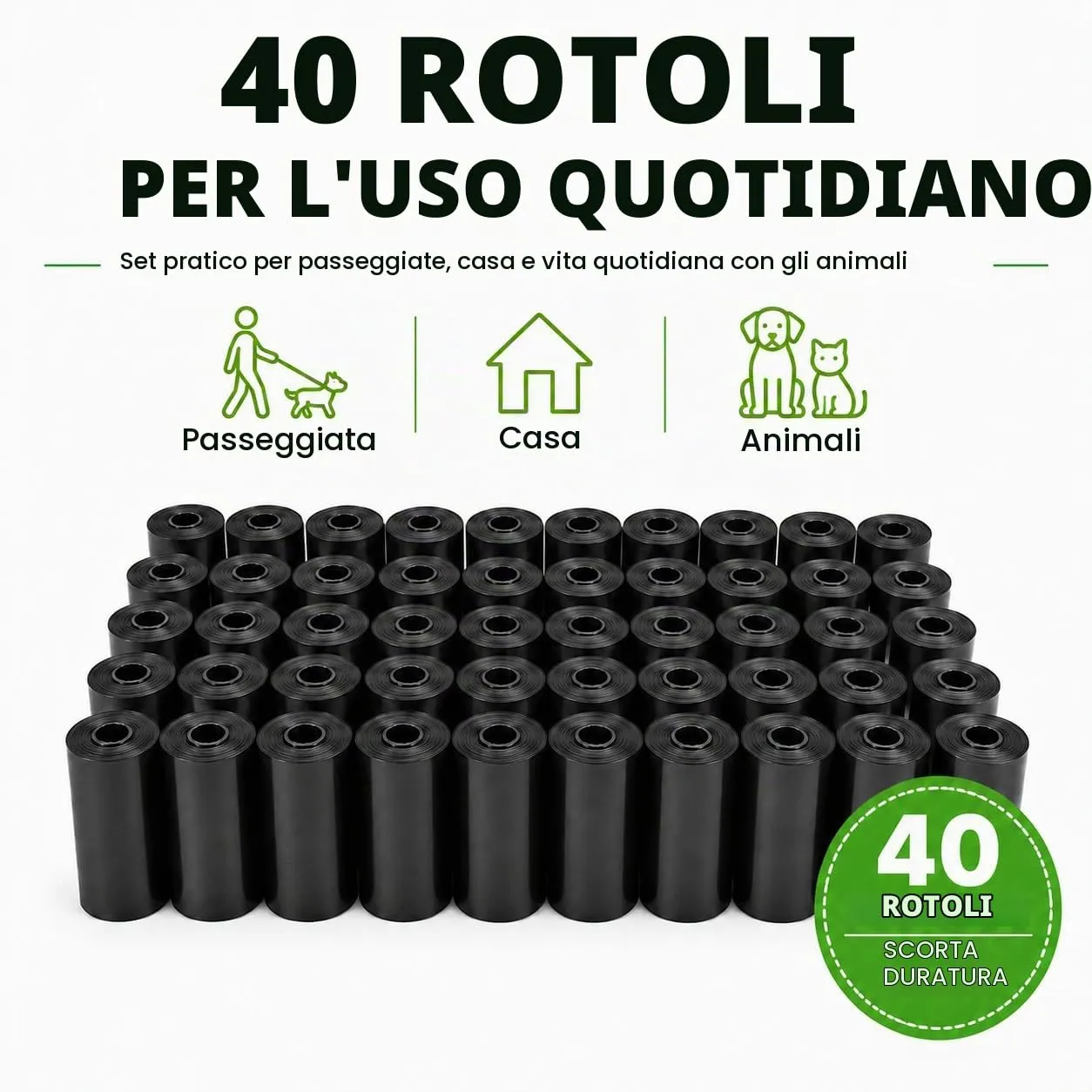 Sacchetti Igienici per Cani, 600 Sacchetti in 40 Rotoli, Sacchetti per Cacca di Cane 23 x 30 cm, Neri, Resistenti e Facili da Separare, per Passeggiate, Viaggi e Uso Quotidiano - immagine 3