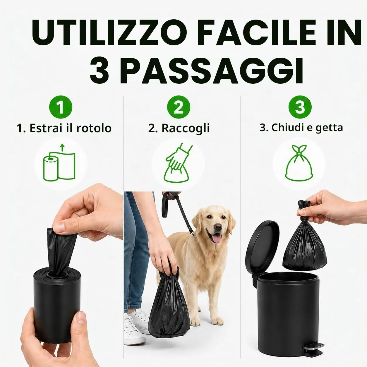 Sacchetti Igienici per Cani, 600 Sacchetti in 40 Rotoli, Sacchetti per Cacca di Cane 23 x 30 cm, Neri, Resistenti e Facili da Separare, per Passeggiate, Viaggi e Uso Quotidiano - immagine 6