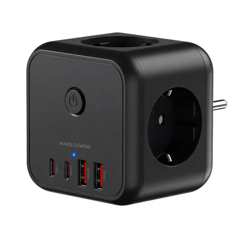 Caricatore Mars Gaming MD-CUBE20 Powercube 3x Schuko 4x USB PD 20W GaN Nero - immagine 1
